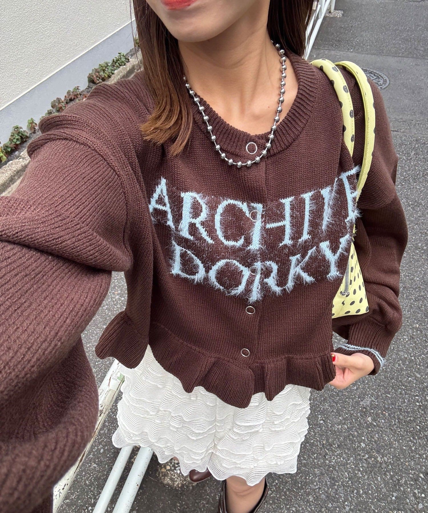 CIAOPANIC(チャオパニック) シャギー配色ロゴフリルニットカーディガン