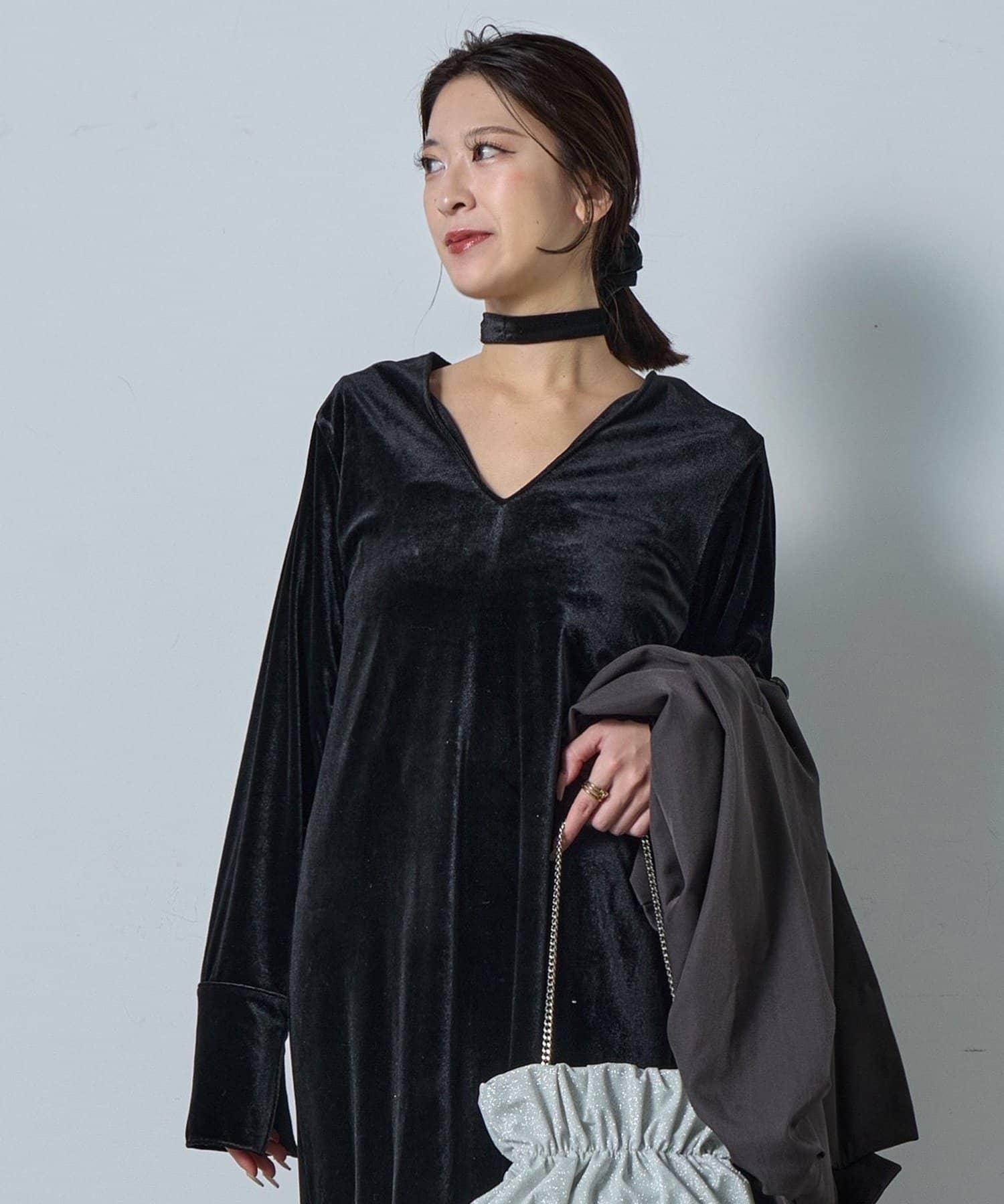 -goocy-(グーシー) 【オケージョン】ボウタイ付きＶネックベロアワンピース