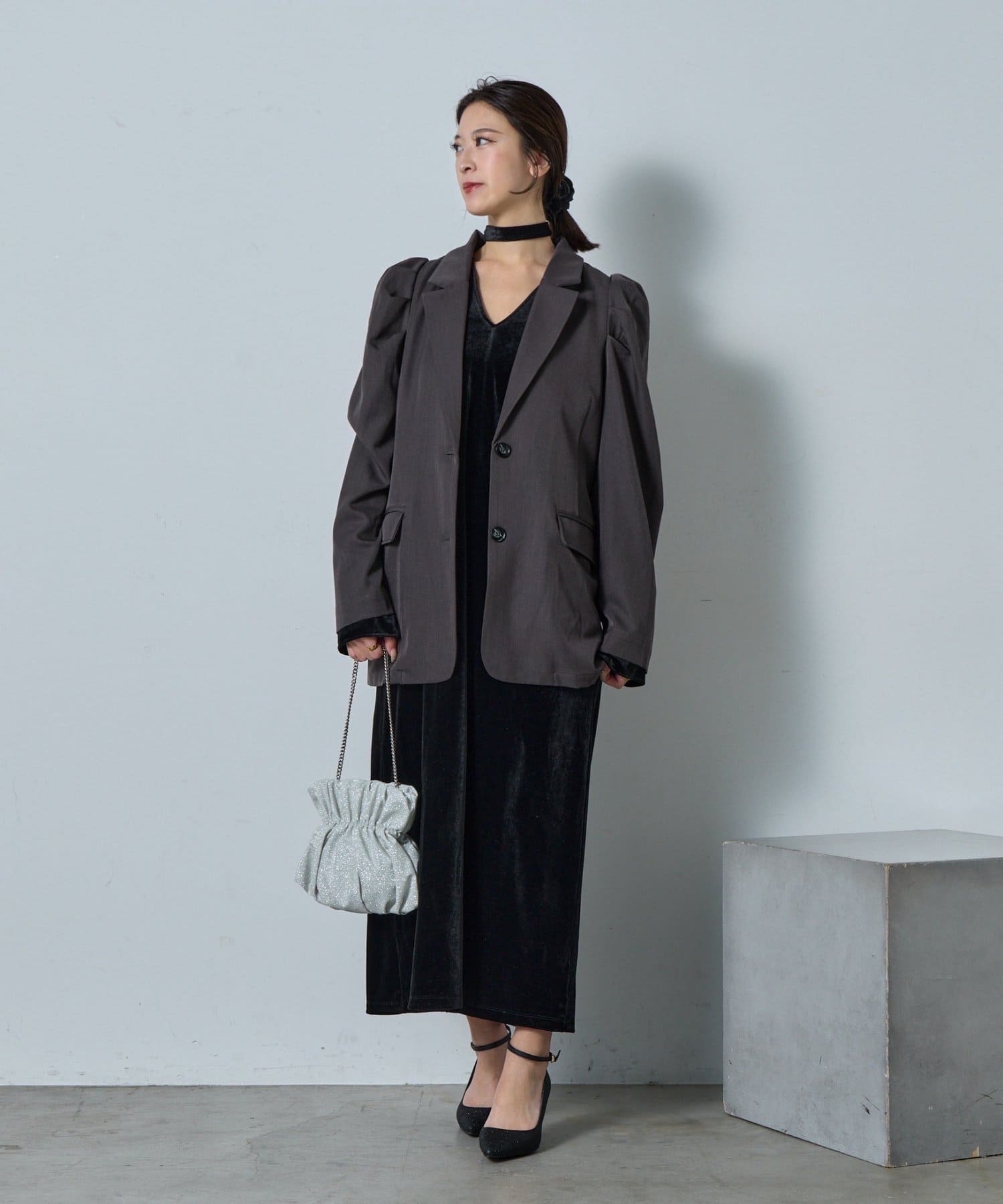 -goocy-(グーシー) 【オケージョン】ボウタイ付きＶネックベロアワンピース