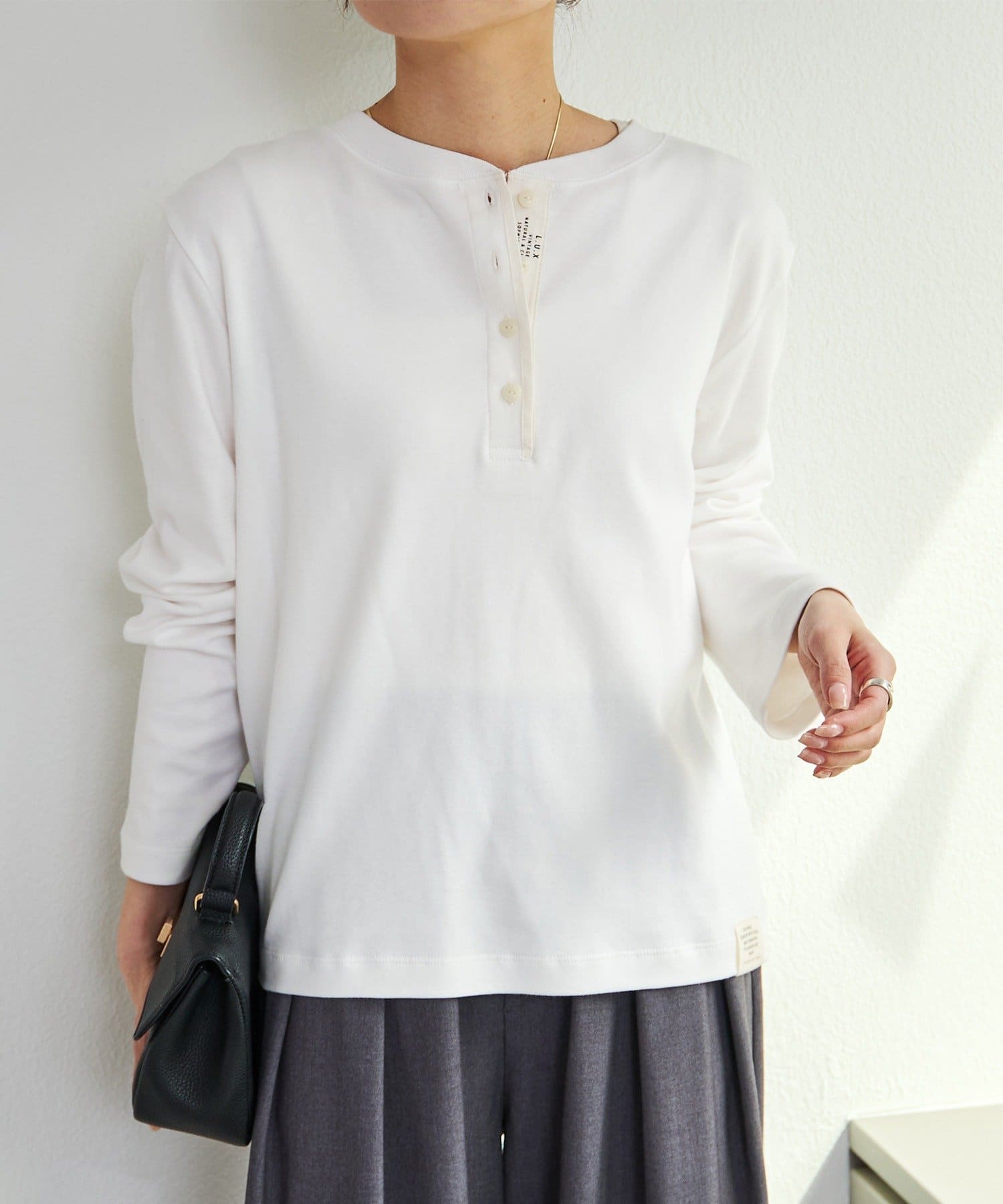 PUAL CE CIN(ピュアルセシン) スムース起毛2WAYヘンリネーックカットソー