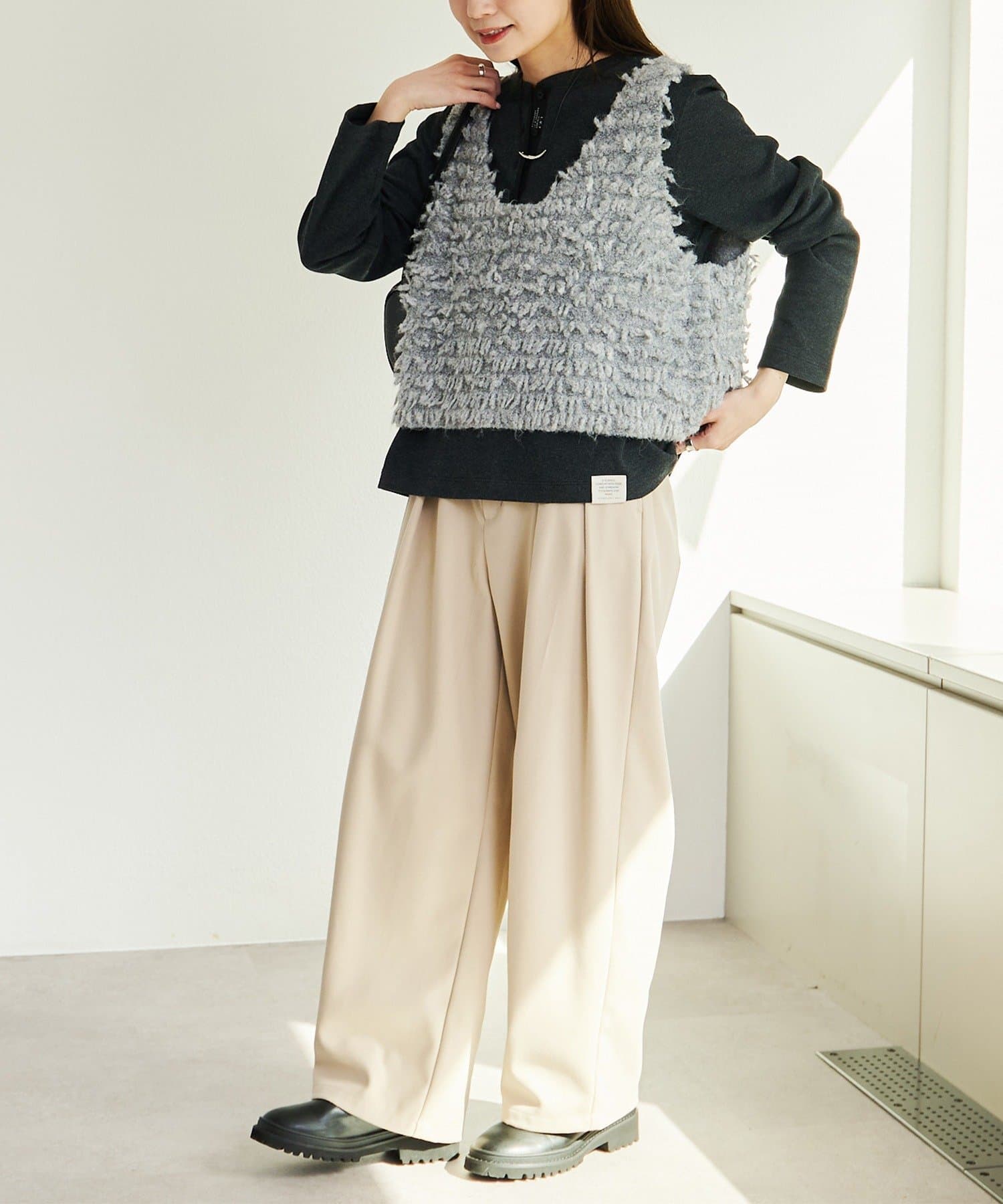 PUAL CE CIN(ピュアルセシン) スムース起毛2WAYヘンリネーックカットソー