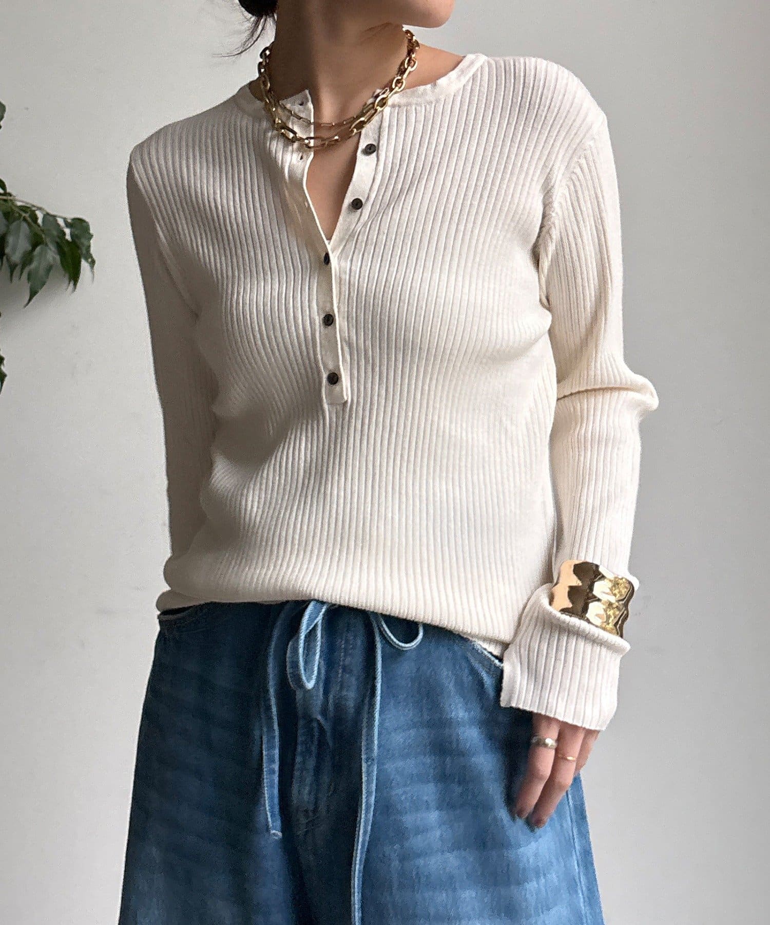 DOUDOU(ドゥドゥ) ヘンリーネックリブニット