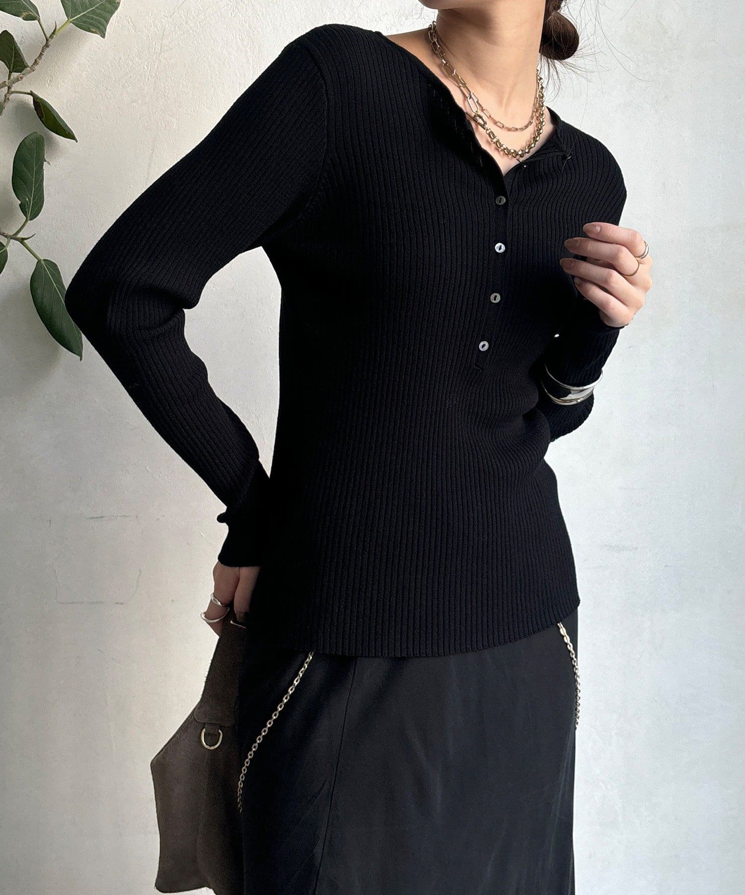 DOUDOU(ドゥドゥ) ヘンリーネックリブニット