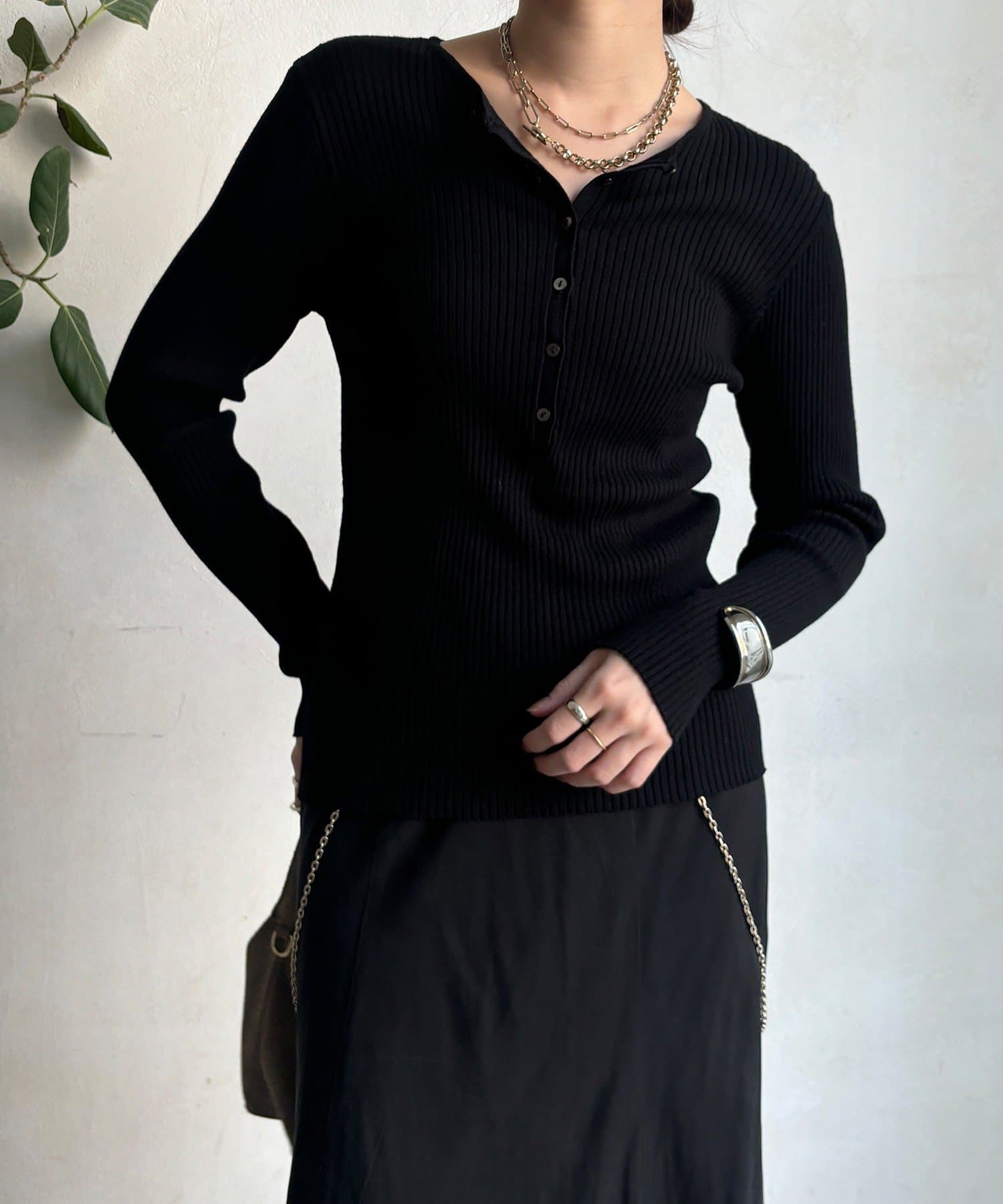 DOUDOU(ドゥドゥ) ヘンリーネックリブニット