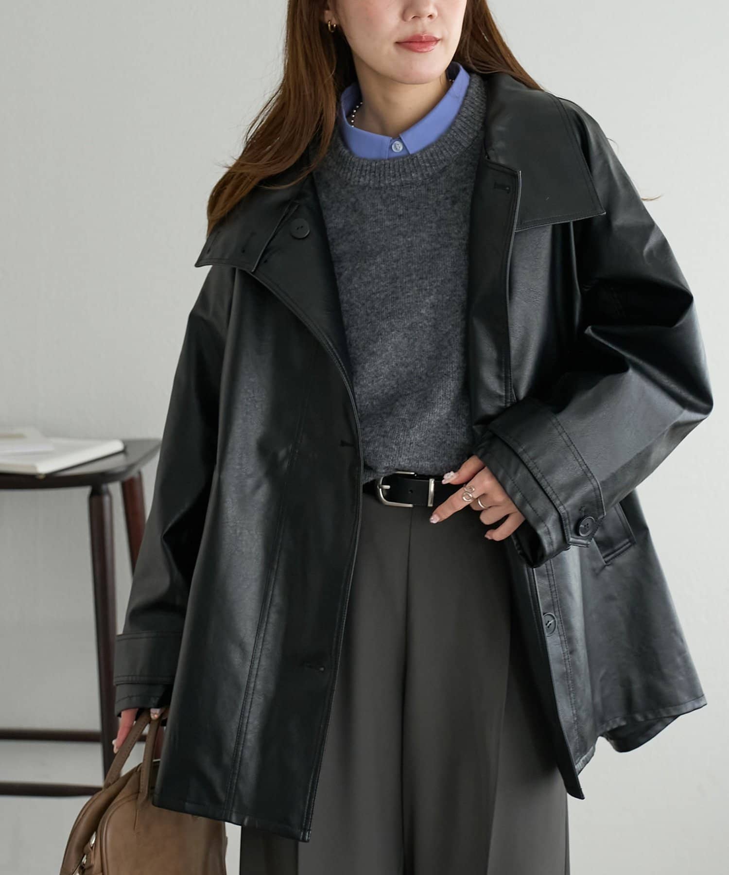 OUTLET(アウトレット) 【Discoat】フェイクレザースタンドコート