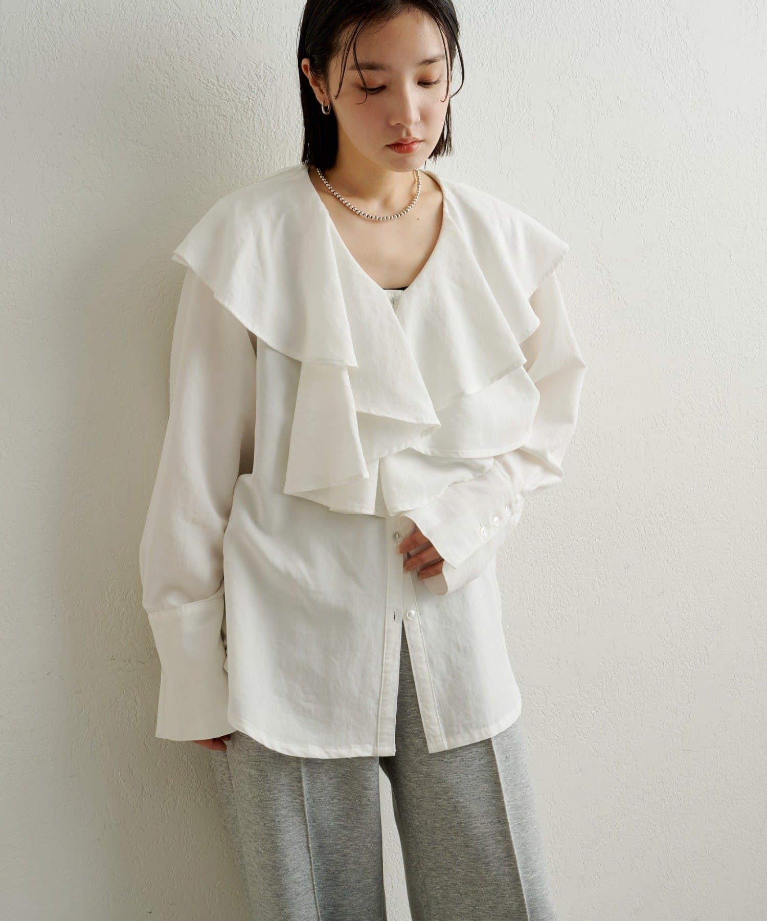 Omekashi(オメカシ) 【セットアップ着用可能◎】ピグメントライクフリルシャツ