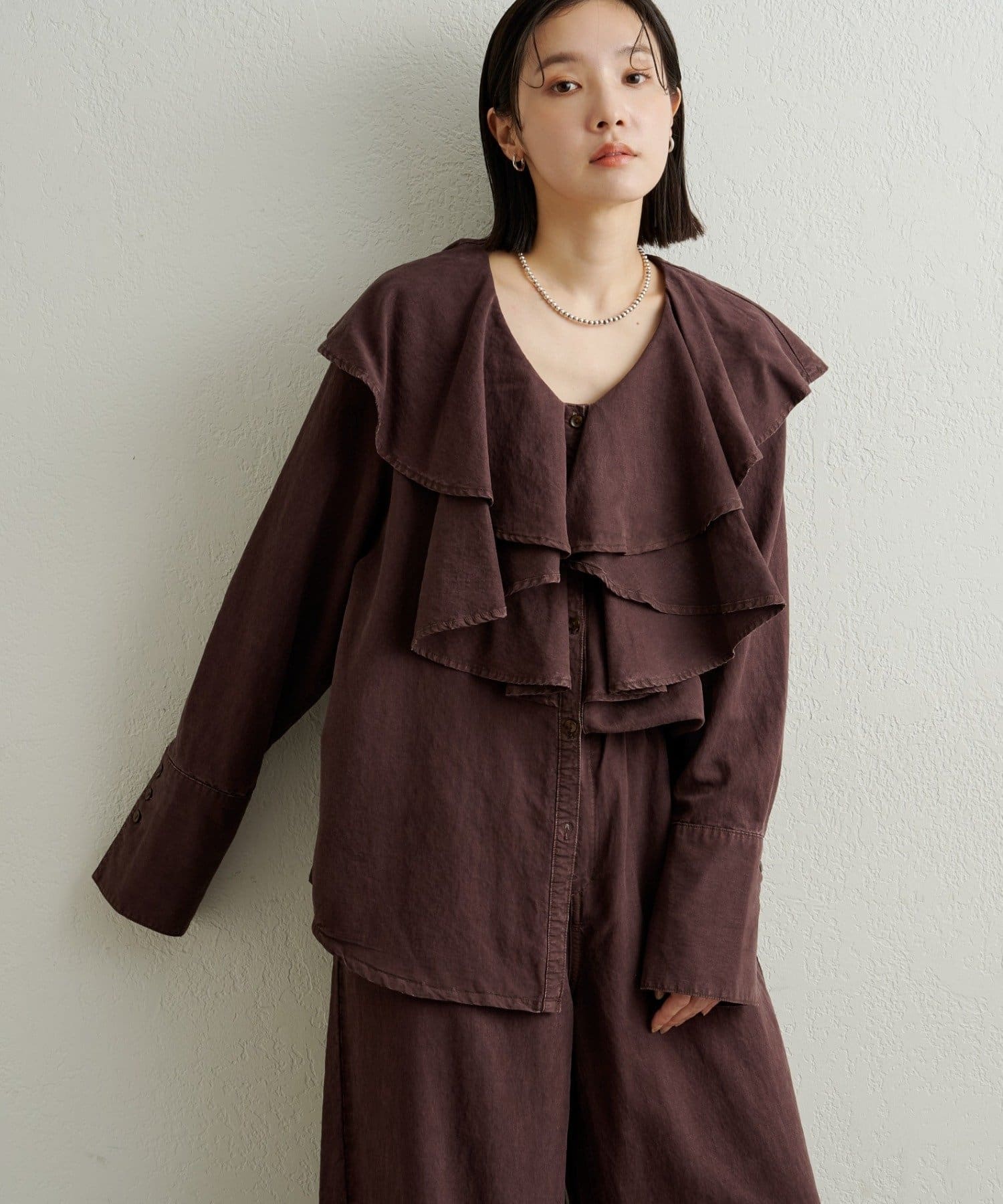 Omekashi(オメカシ) 【セットアップ着用可能◎】ピグメントライクフリルシャツ