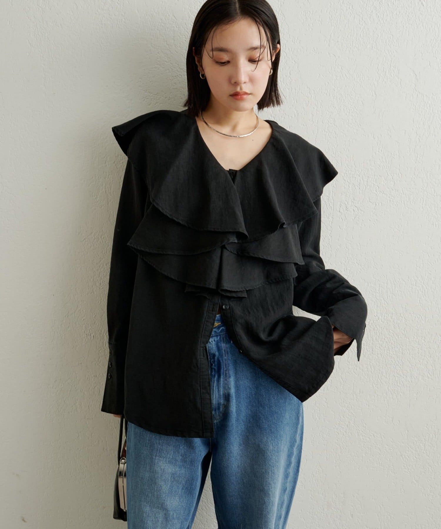 Omekashi(オメカシ) 【セットアップ着用可能◎】ピグメントライクフリルシャツ