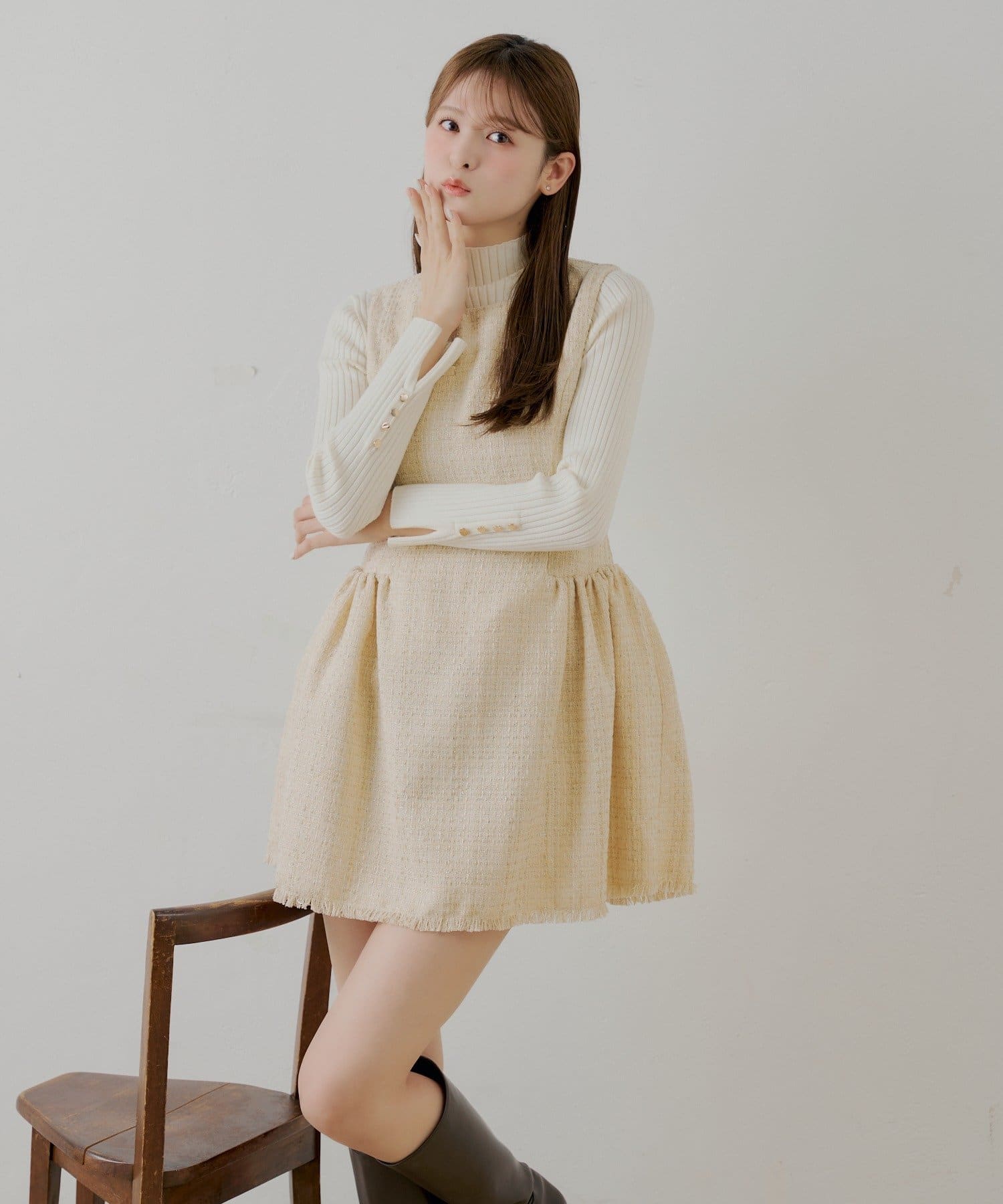 Chico(チコ) 【SALON by Chico】ツイードサイドギャザーフレアミニワンピース