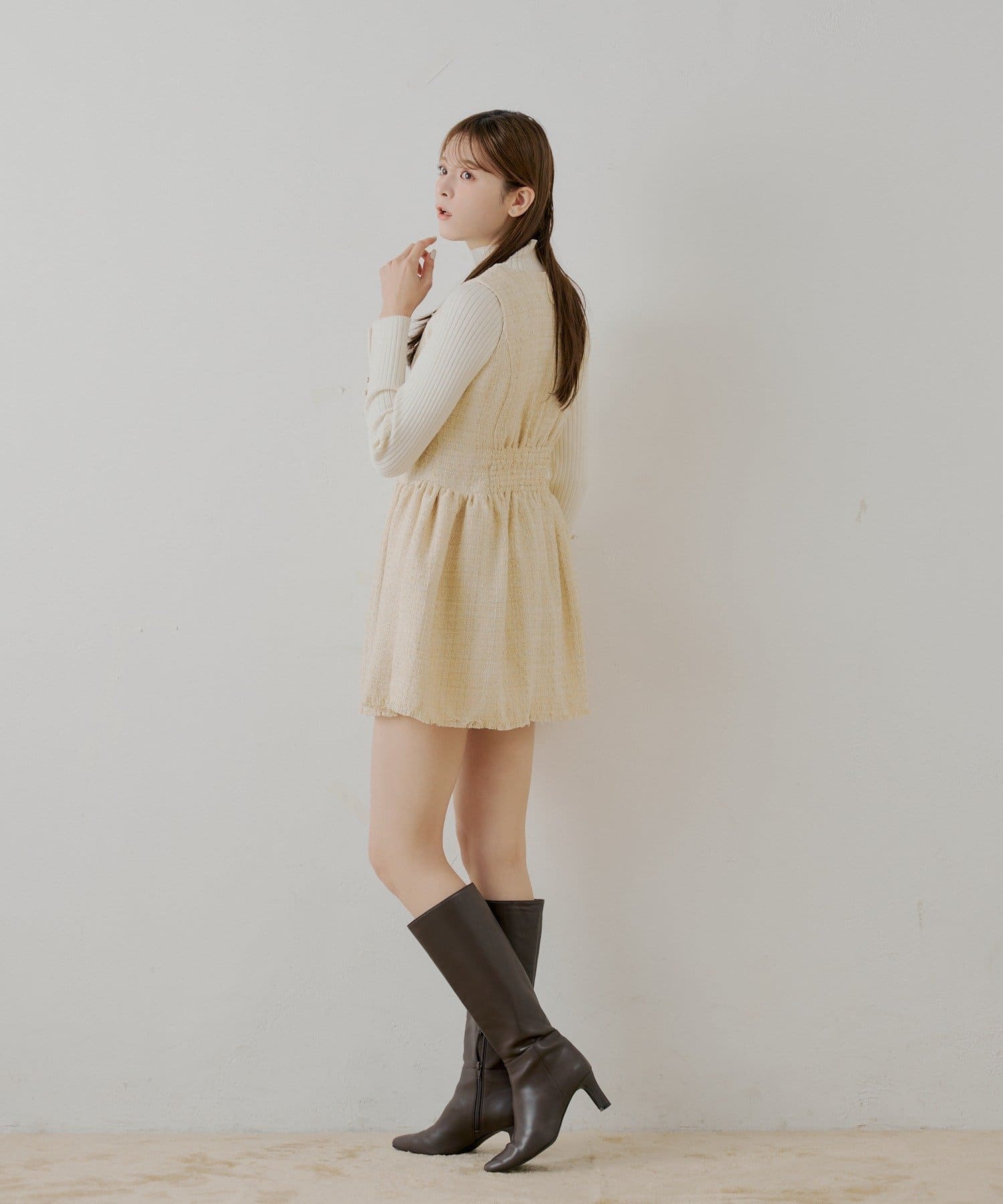 Chico(チコ) 【SALON by Chico】ツイードサイドギャザーフレアミニワンピース