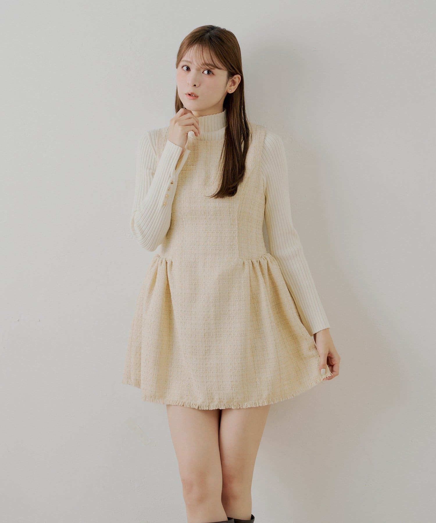 Chico(チコ) 【SALON by Chico】ツイードサイドギャザーフレアミニワンピース