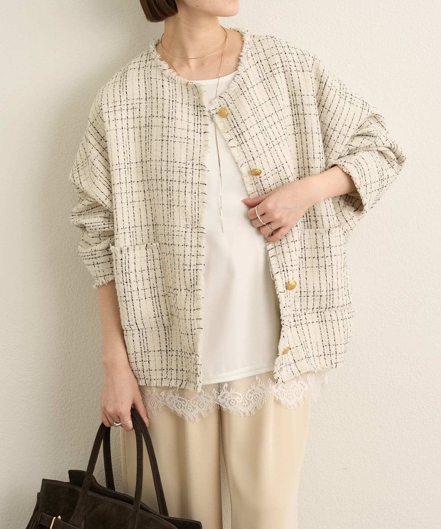 Omekashi(オメカシ) ノーカラーツイードジャケット