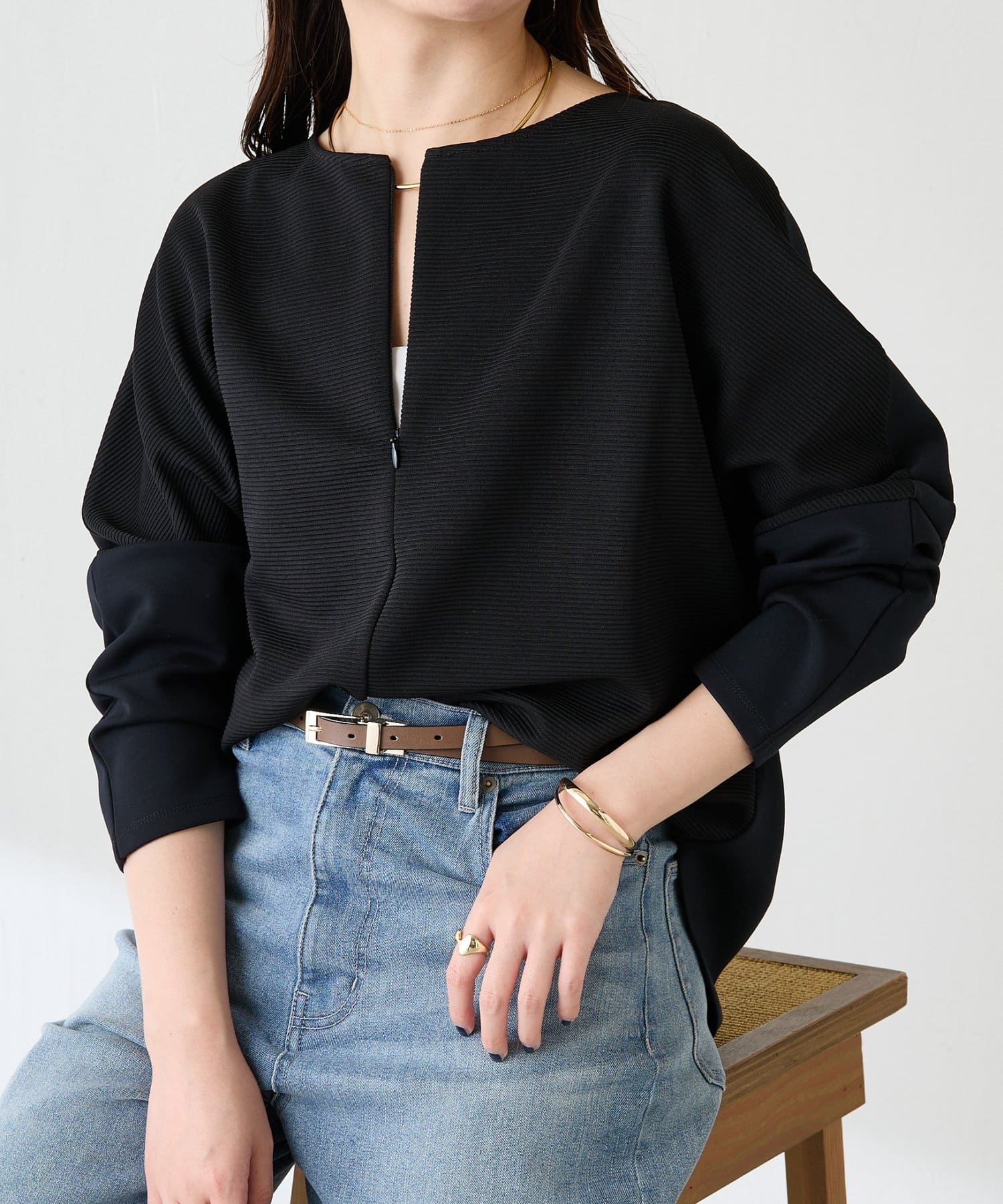 COLLAGE GALLARDAGALANTE(コラージュ ガリャルダガランテ) 【ジップ付き】リップルコンビダンボールプルオーバー/セットアップ可