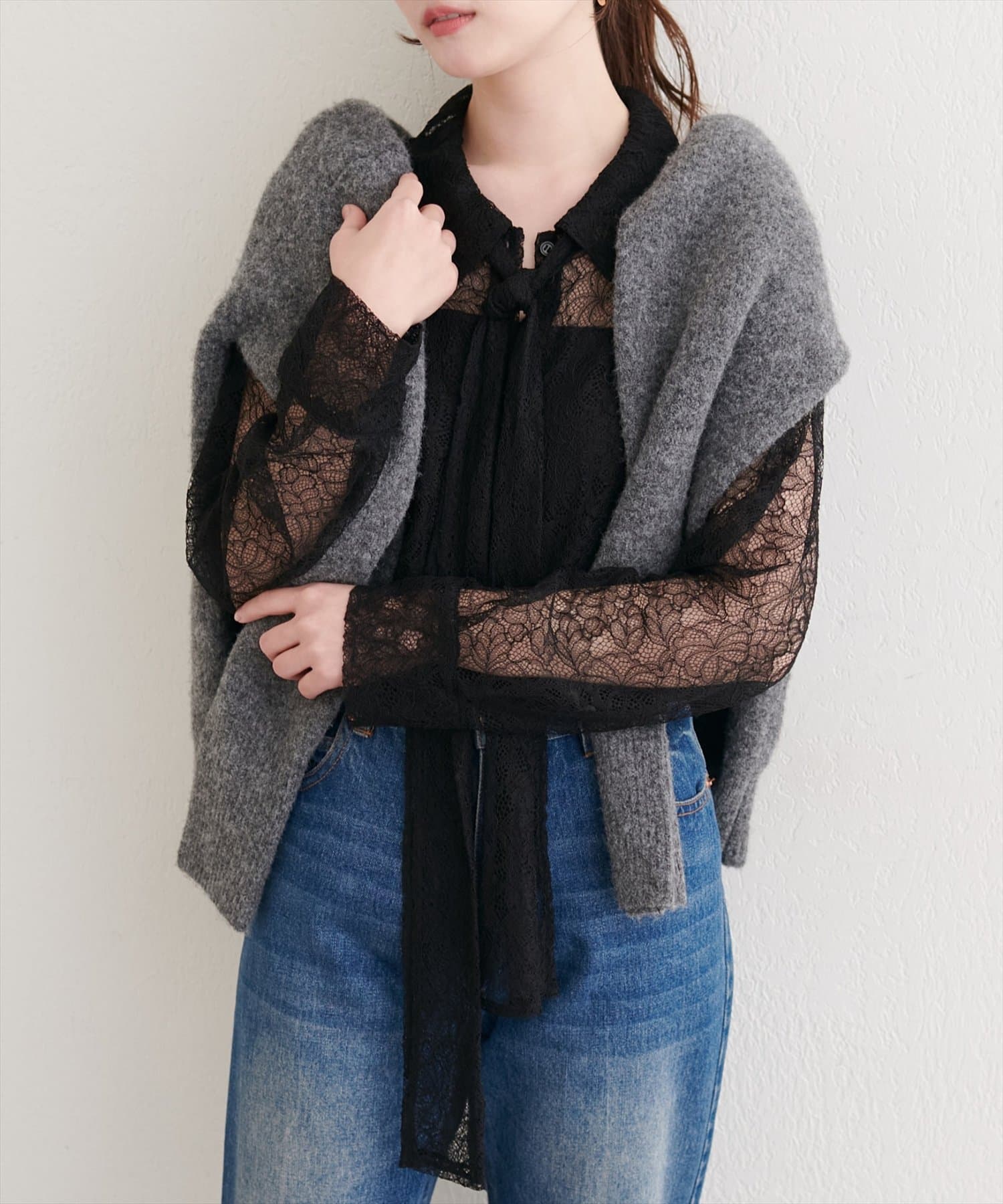 natural couture(ナチュラルクチュール) レースボウタイシャツ