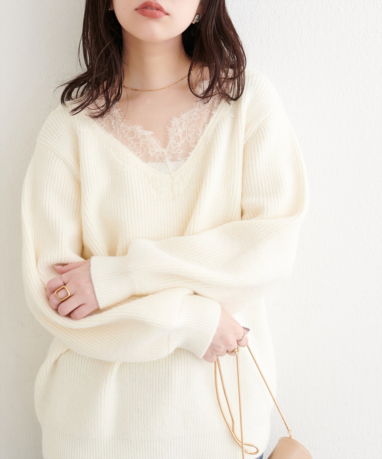 natural couture(ナチュラルクチュール) 【WEB限定】レースVネックニット