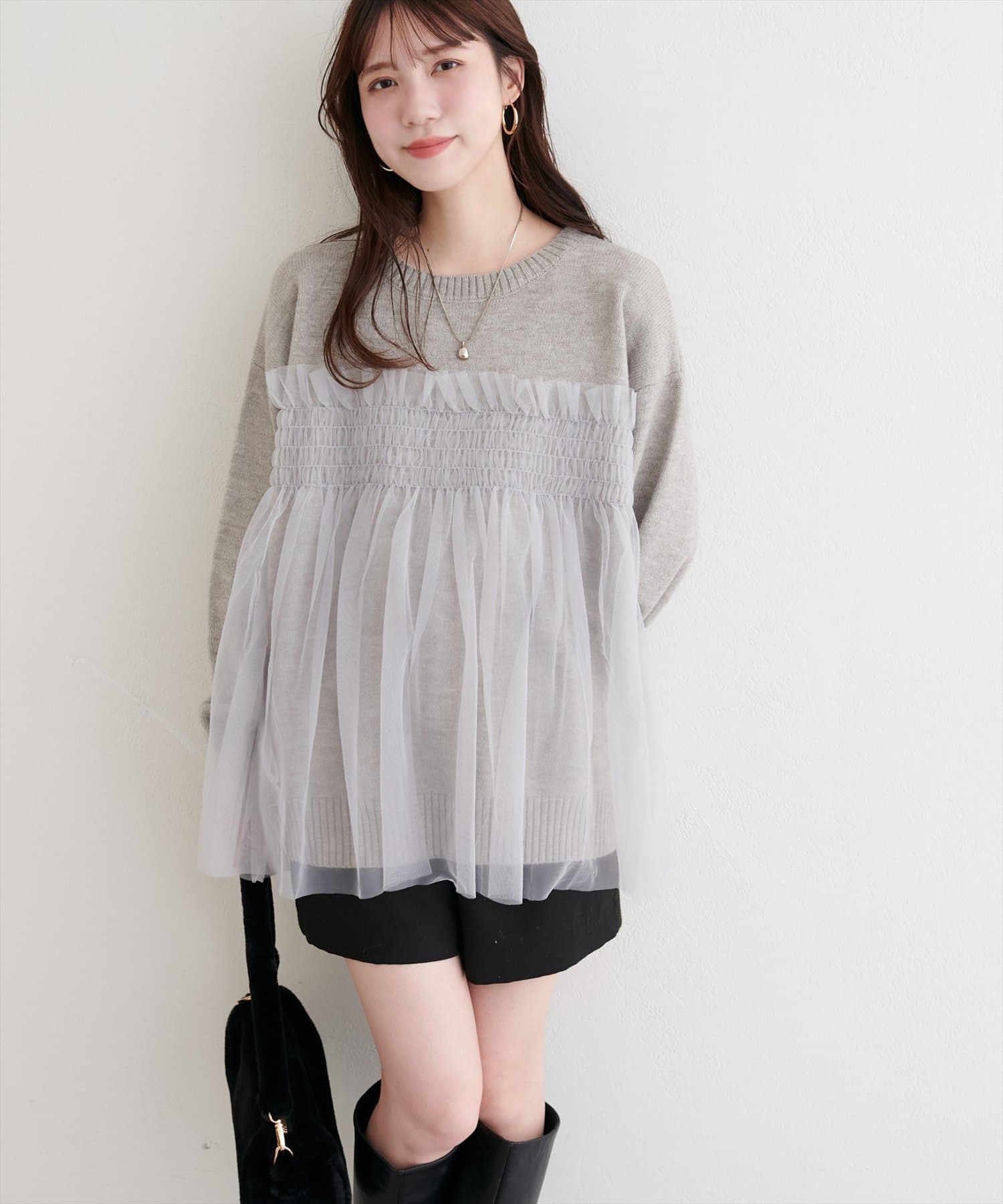 natural couture(ナチュラルクチュール) 【WEB限定】チュールレイヤードニットプルオーバー