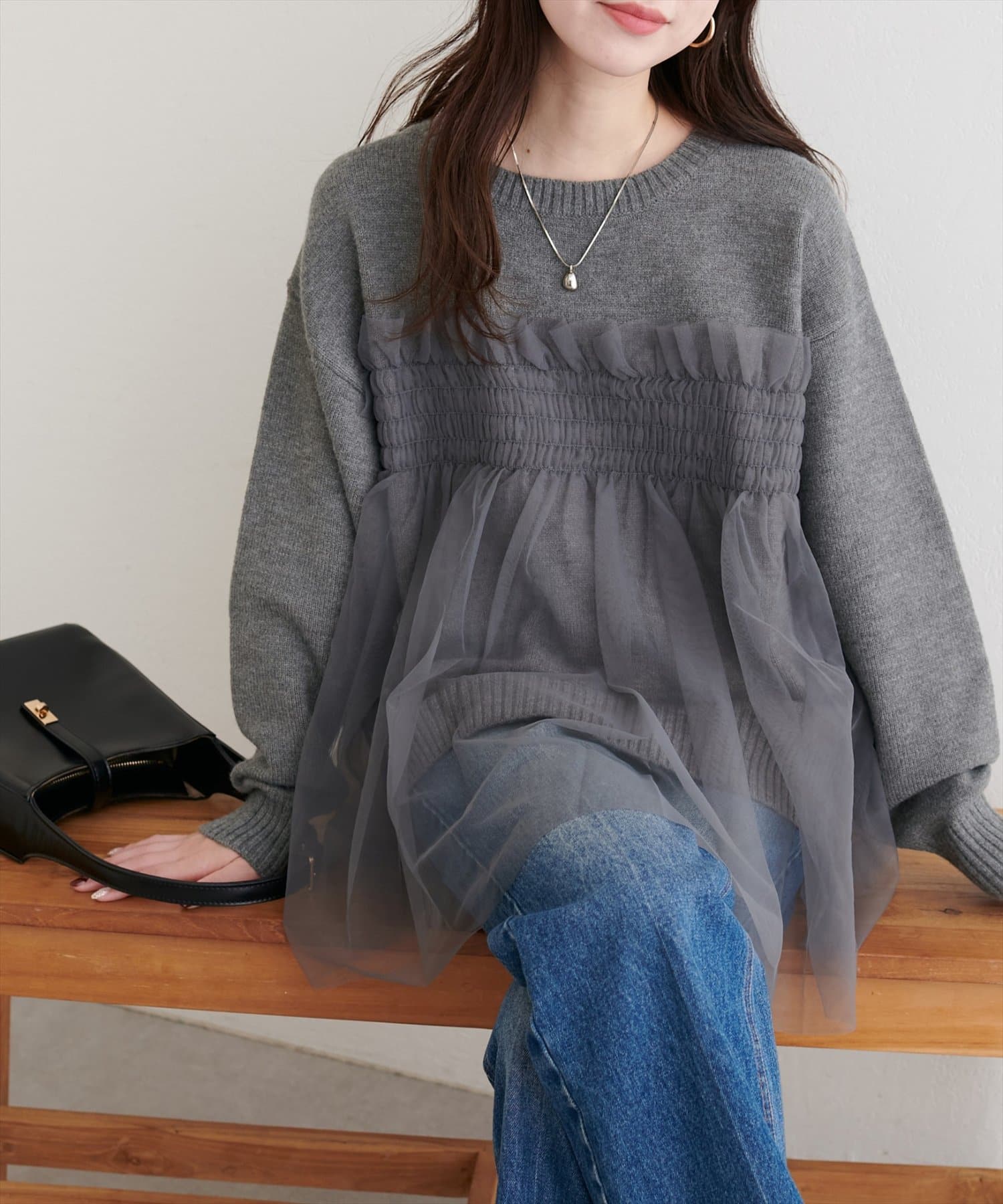 natural couture(ナチュラルクチュール) 【WEB限定】チュールレイヤードニットプルオーバー