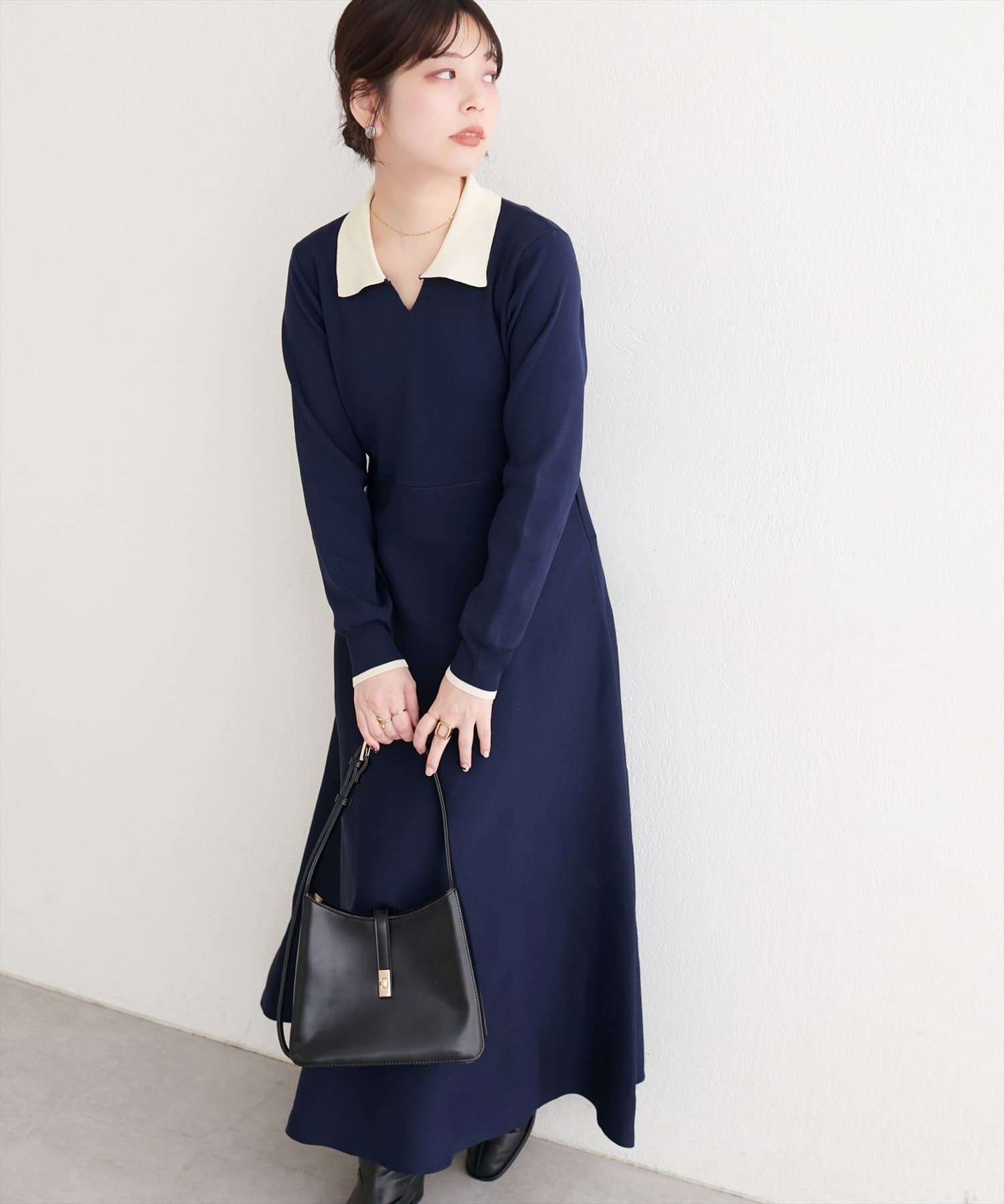 natural couture(ナチュラルクチュール) 【WEB限定】配色衿付きニットワンピース