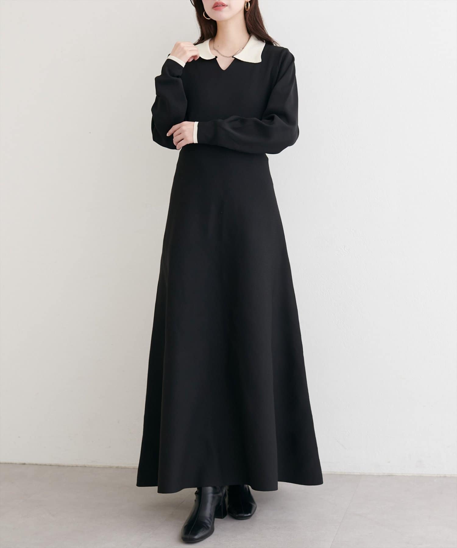 natural couture(ナチュラルクチュール) 【WEB限定】配色衿付きニットワンピース