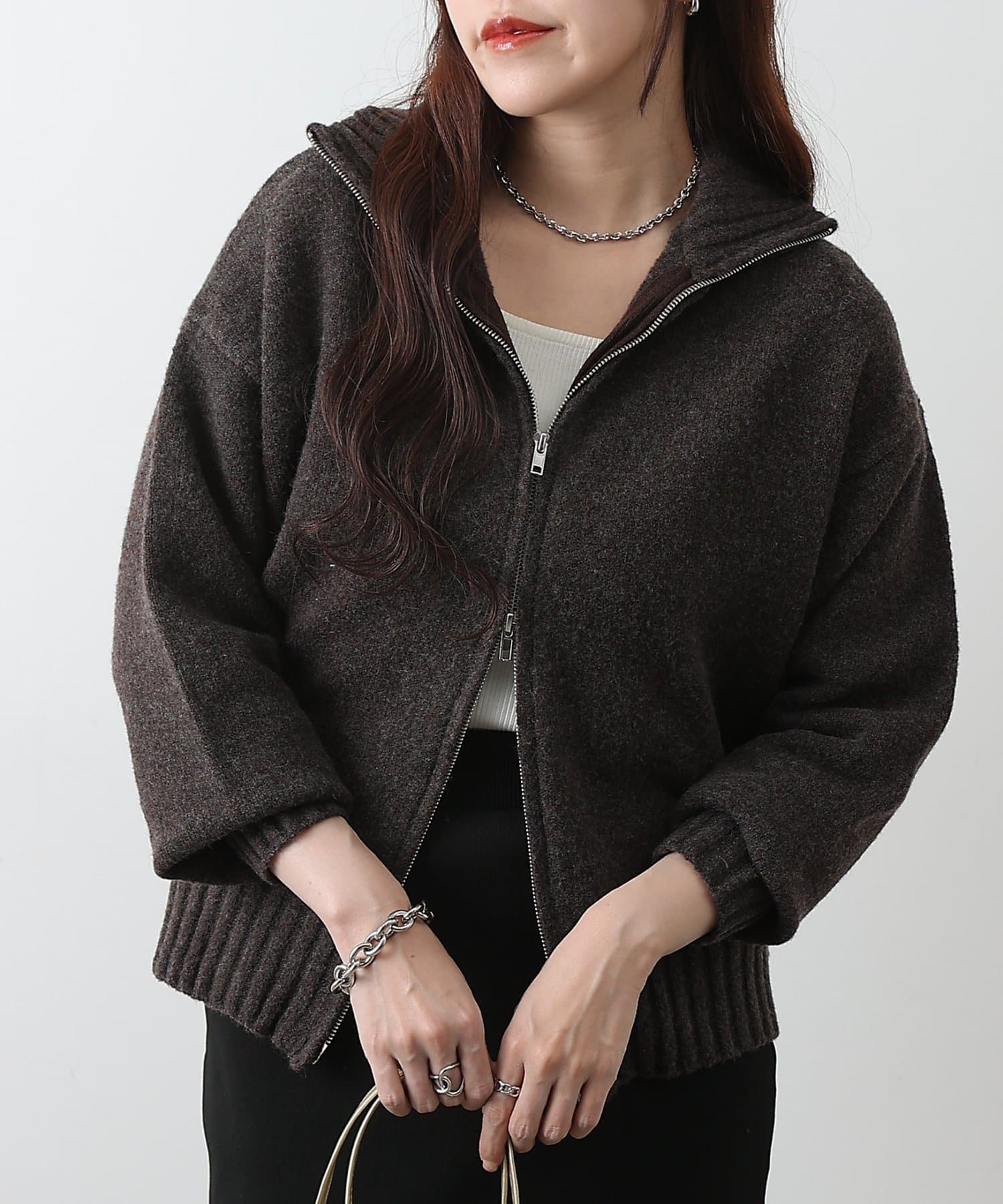 COLONY 2139(コロニー トゥーワンスリーナイン) 【WEB限定】ウール混スタンドリブWジップカーディガン