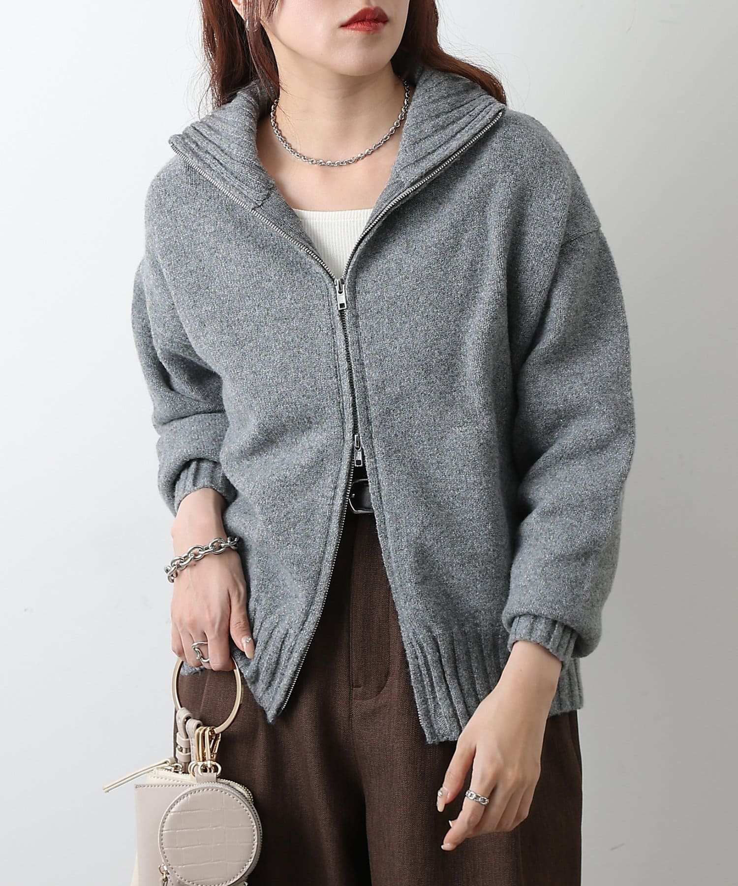 COLONY 2139(コロニー トゥーワンスリーナイン) 【WEB限定】ウール混スタンドリブWジップカーディガン