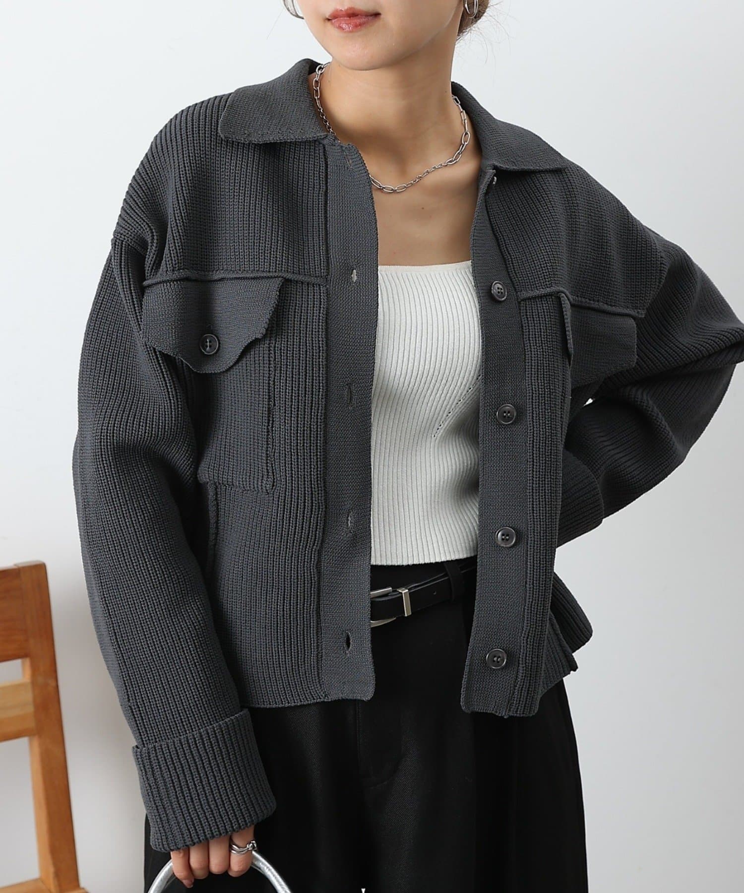 COLONY 2139(コロニー トゥーワンスリーナイン) Wポケット衿付きリブジャケットカーデ