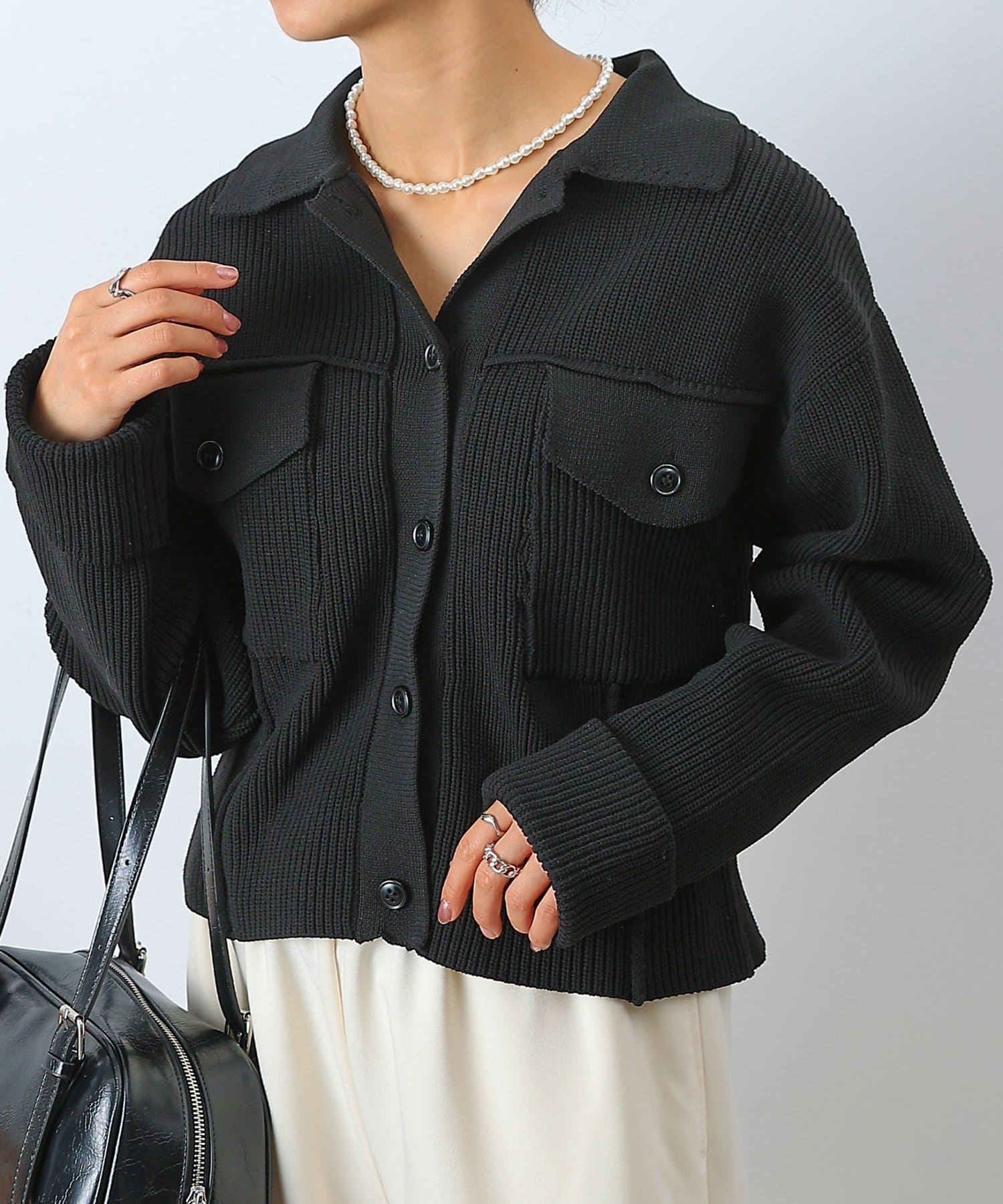 COLONY 2139(コロニー トゥーワンスリーナイン) Wポケット衿付きリブジャケットカーデ