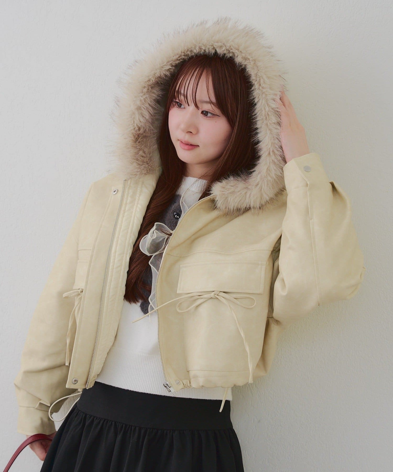 NICE CLAUP / OLIVE des OLIVE OUTLET(ナイスクラップ  / オリーブ デ オリーブ アウトレット) スタイル盛れる最強アウター【RMAF】フードファーリボンブルゾン