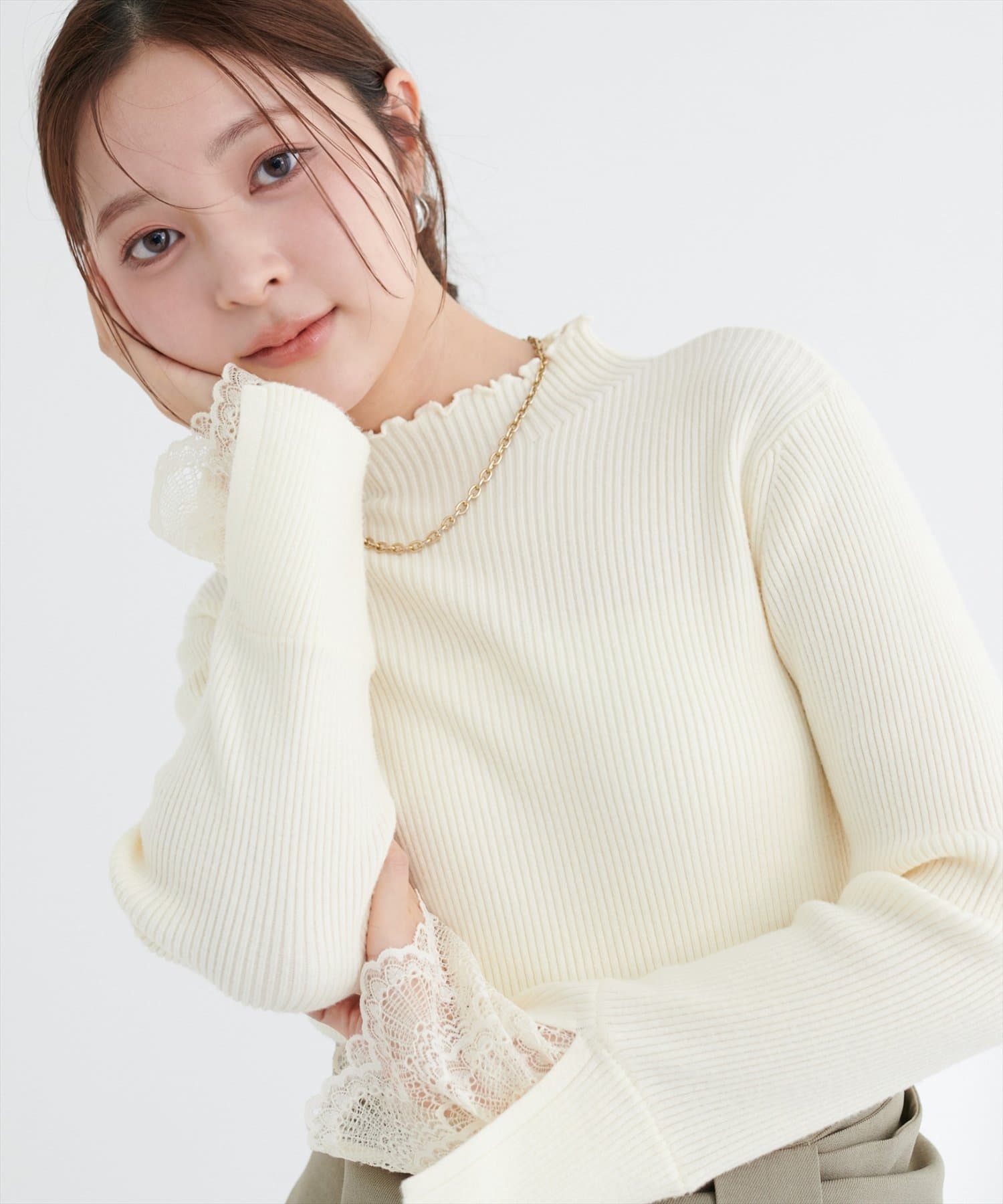 natural couture(ナチュラルクチュール) 袖口レースもちもちリブタートル