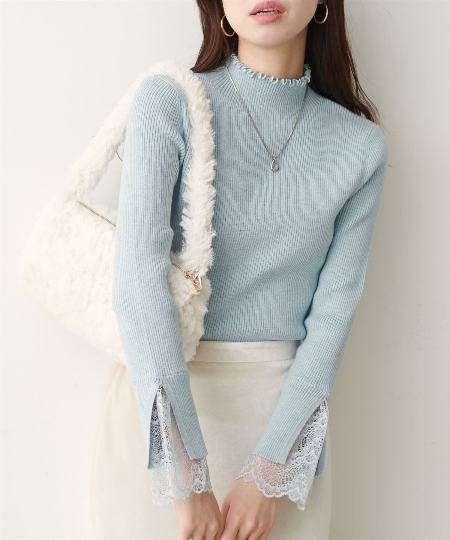 natural couture(ナチュラルクチュール) 袖口レースもちもちリブタートル