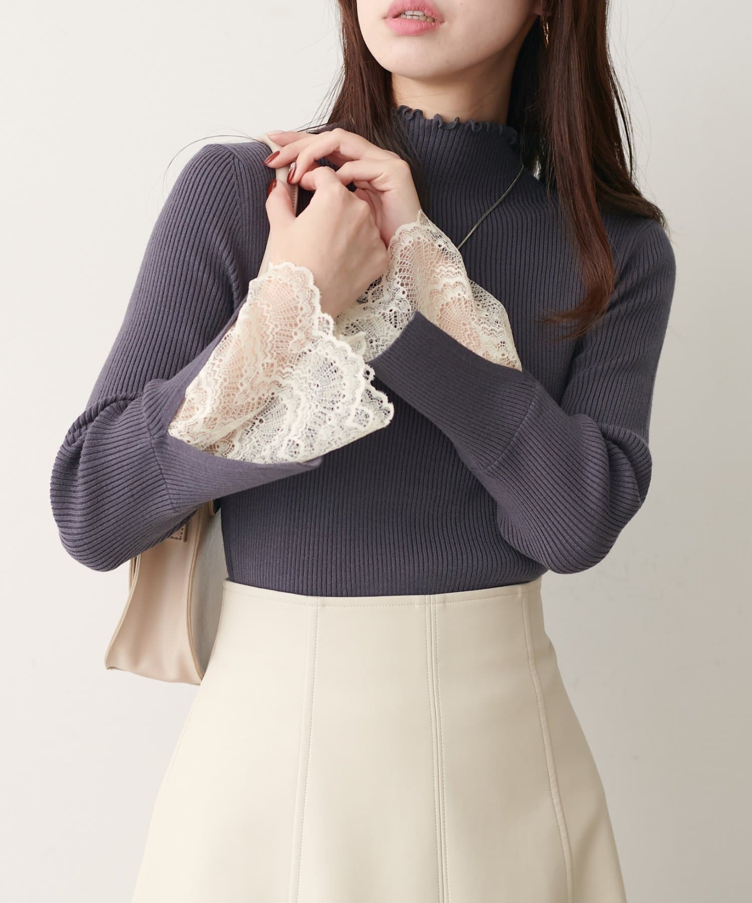 natural couture(ナチュラルクチュール) 袖口レースもちもちリブタートル