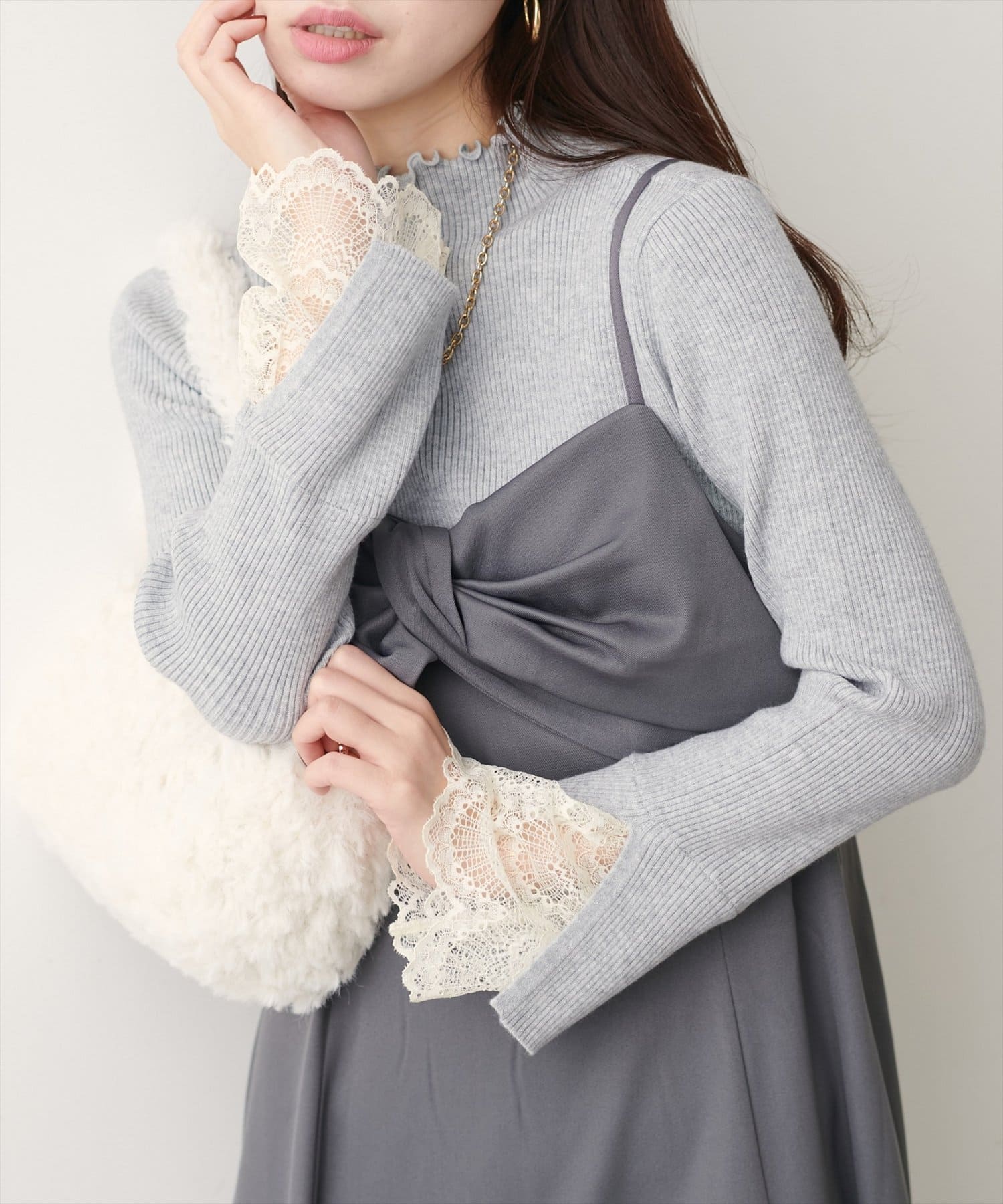 natural couture(ナチュラルクチュール) 袖口レースもちもちリブタートル