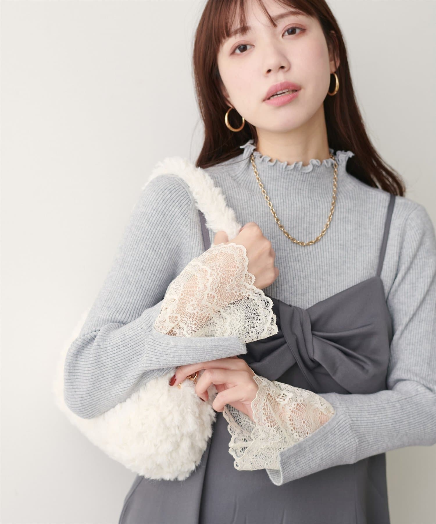 natural couture(ナチュラルクチュール) 袖口レースもちもちリブタートル