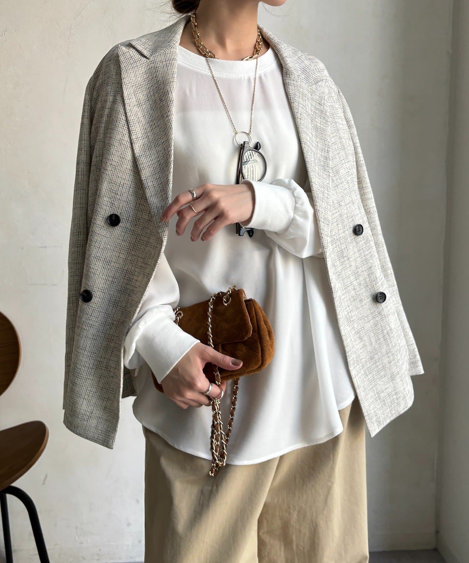 DOUDOU(ドゥドゥ) 袖リブバックボタンジョーゼットプルオーバー