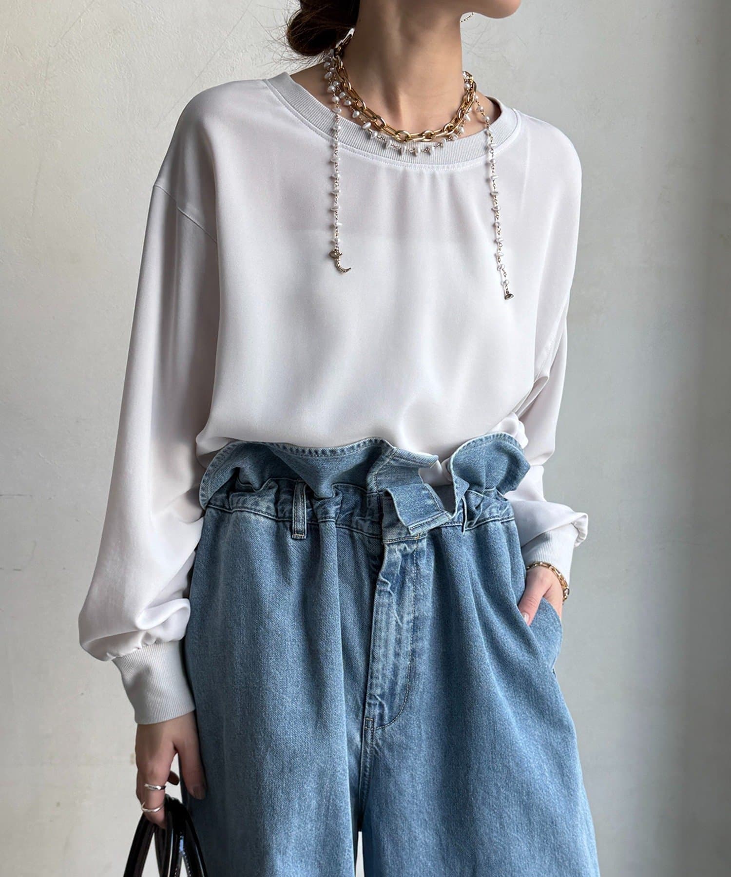 DOUDOU(ドゥドゥ) 袖リブバックボタンジョーゼットプルオーバー