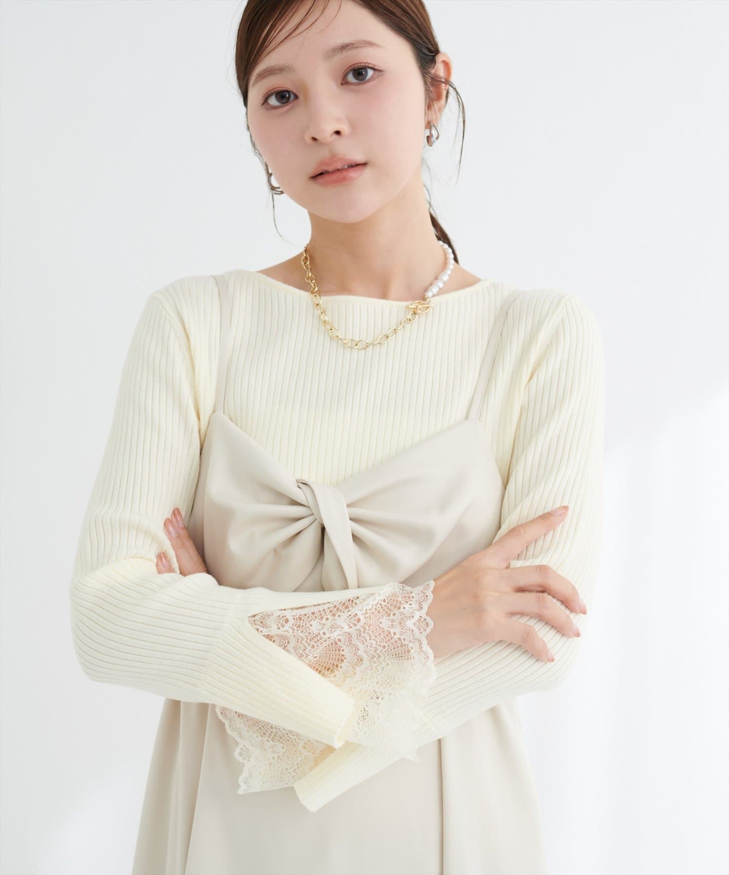 natural couture(ナチュラルクチュール) 前後２WAY袖口レースリブニット