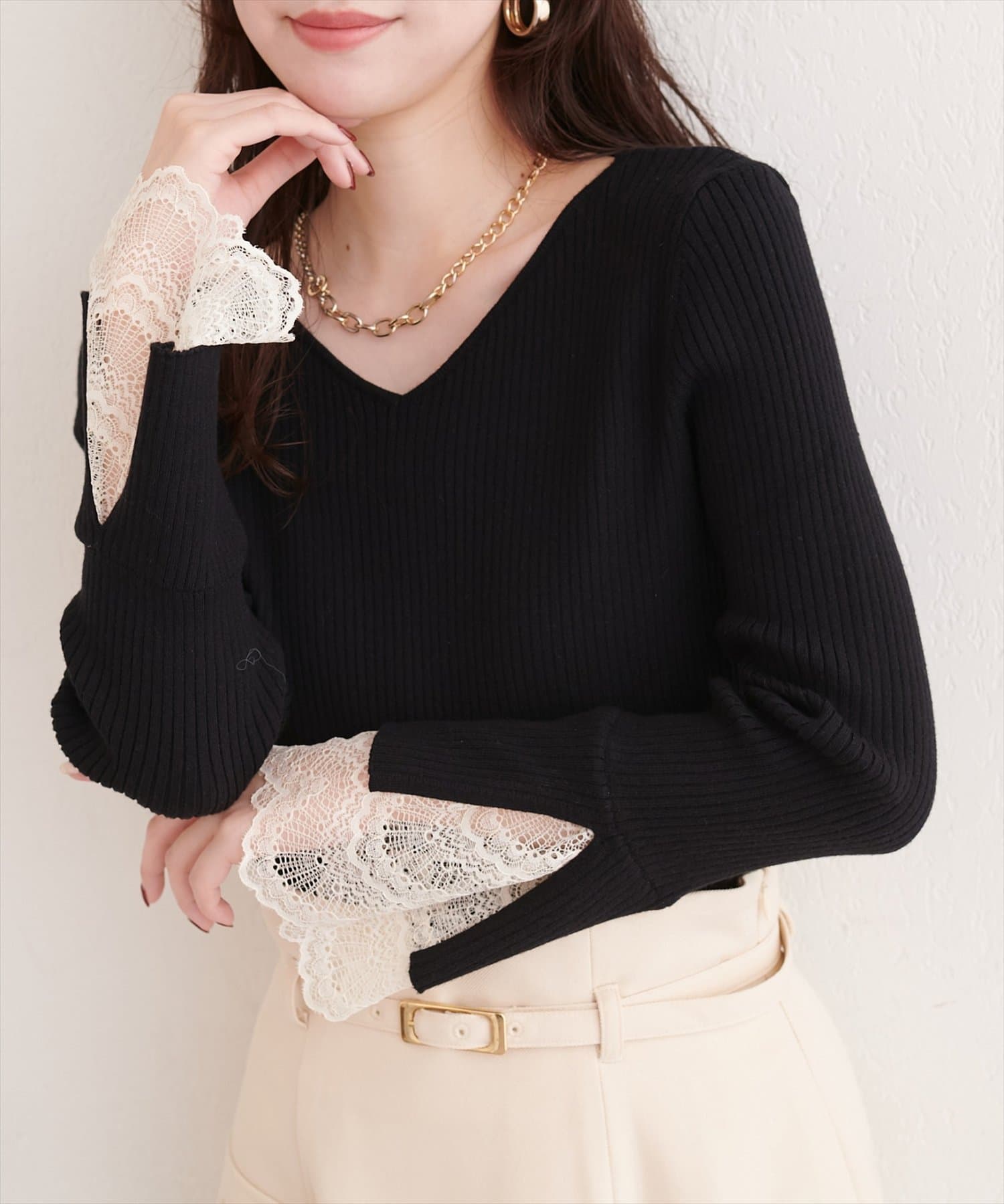 natural couture(ナチュラルクチュール) 前後２WAY袖口レースリブニット