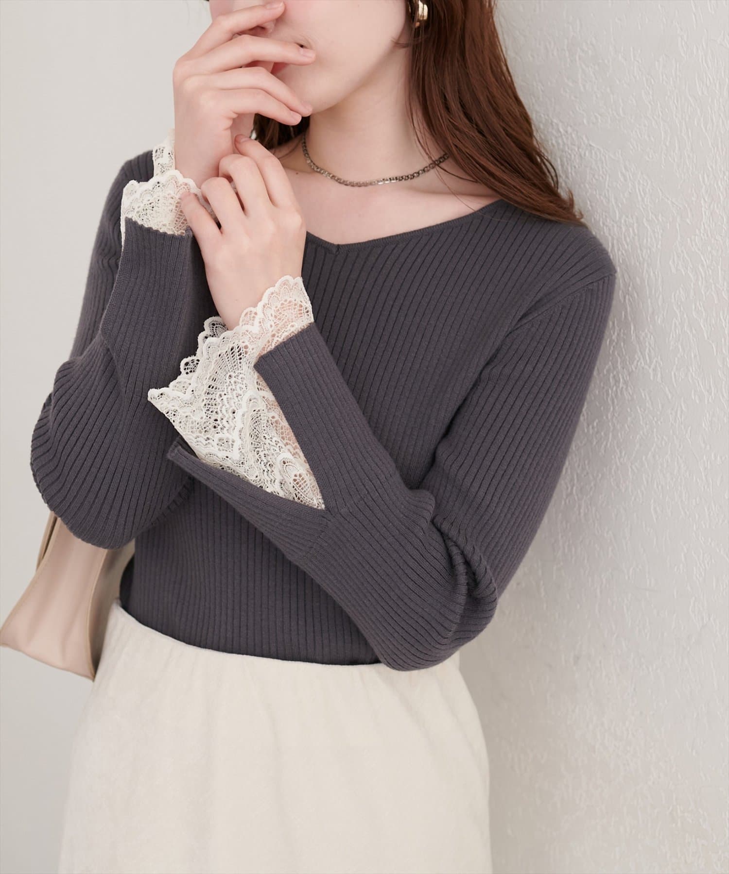 natural couture(ナチュラルクチュール) 前後２WAY袖口レースリブニット