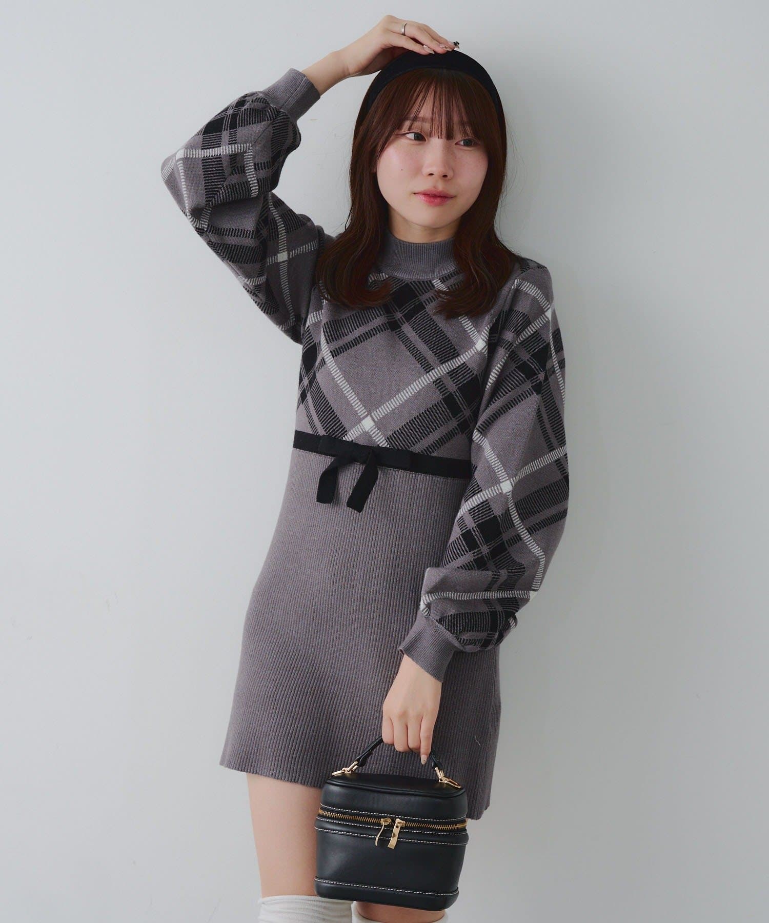 NICE CLAUP / OLIVE des OLIVE OUTLET(ナイスクラップ  / オリーブ デ オリーブ アウトレット) 【RMAF】チェック切替ニットミニワンピ