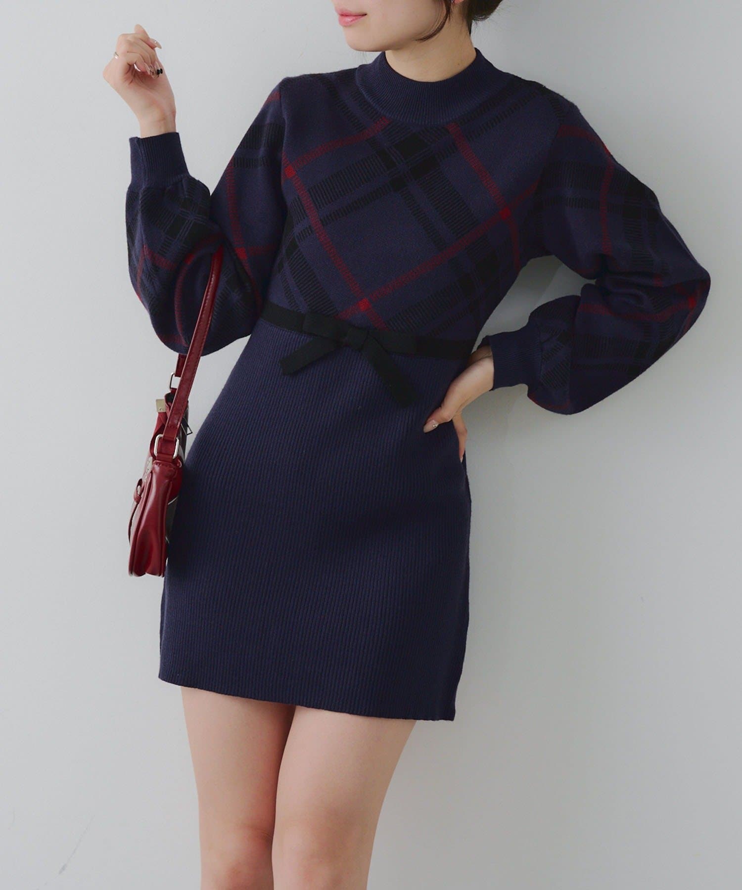 NICE CLAUP / OLIVE des OLIVE OUTLET(ナイスクラップ  / オリーブ デ オリーブ アウトレット) 【RMAF】チェック切替ニットミニワンピ