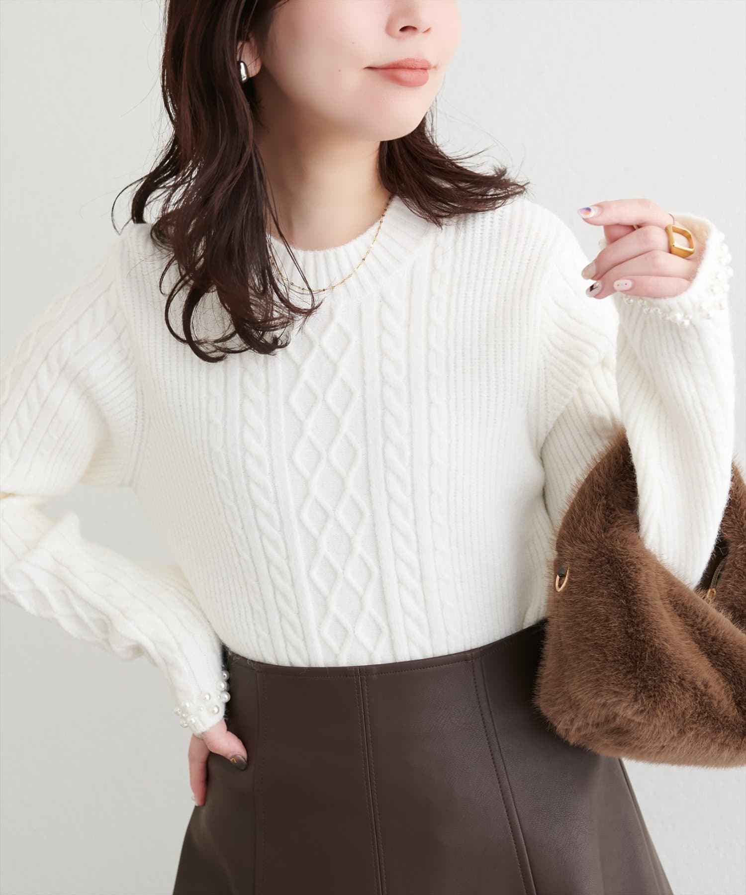 natural couture(ナチュラルクチュール) 袖口パールもちふわニット