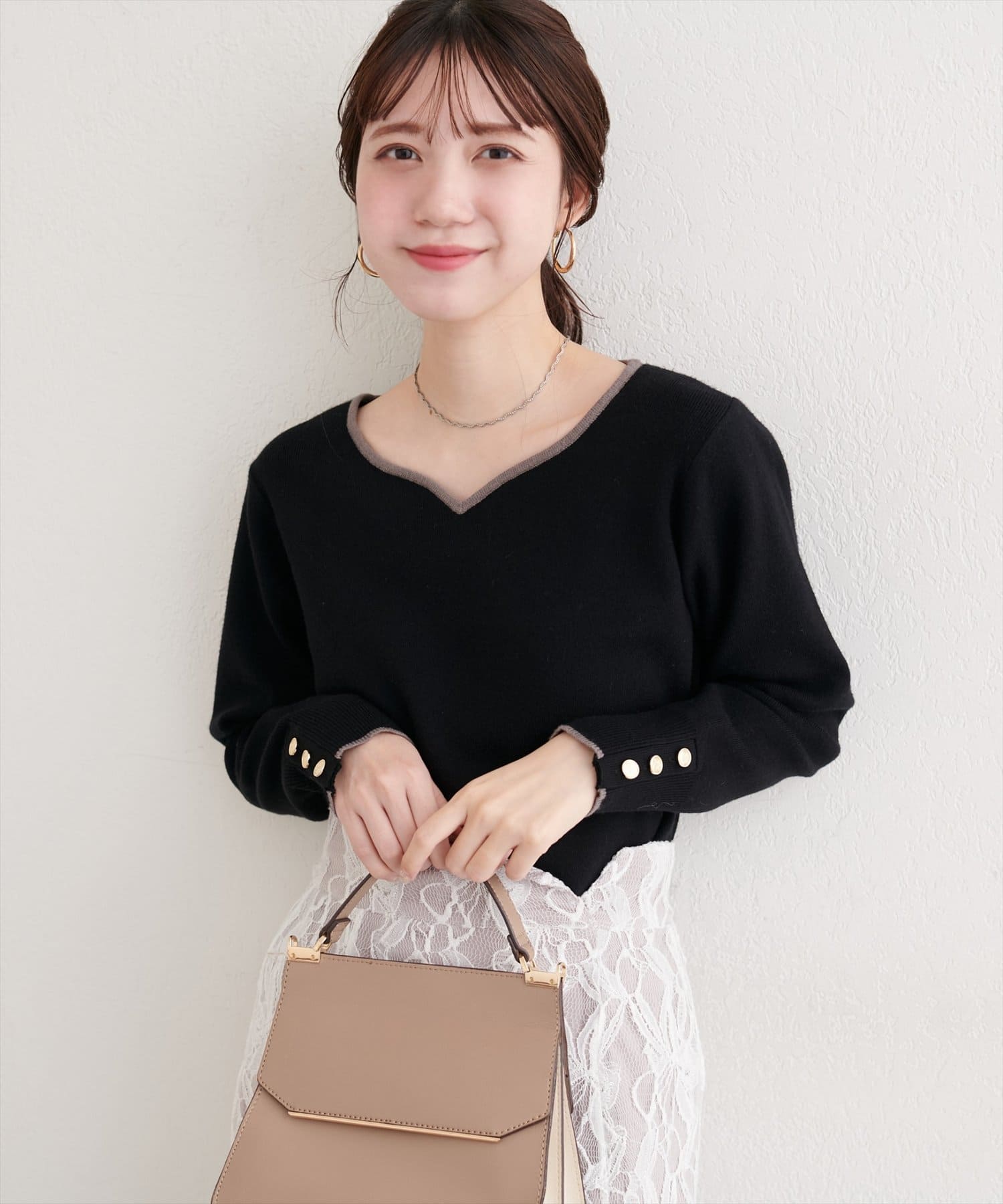 natural couture(ナチュラルクチュール) ハートネック配色ニットプルオーバー