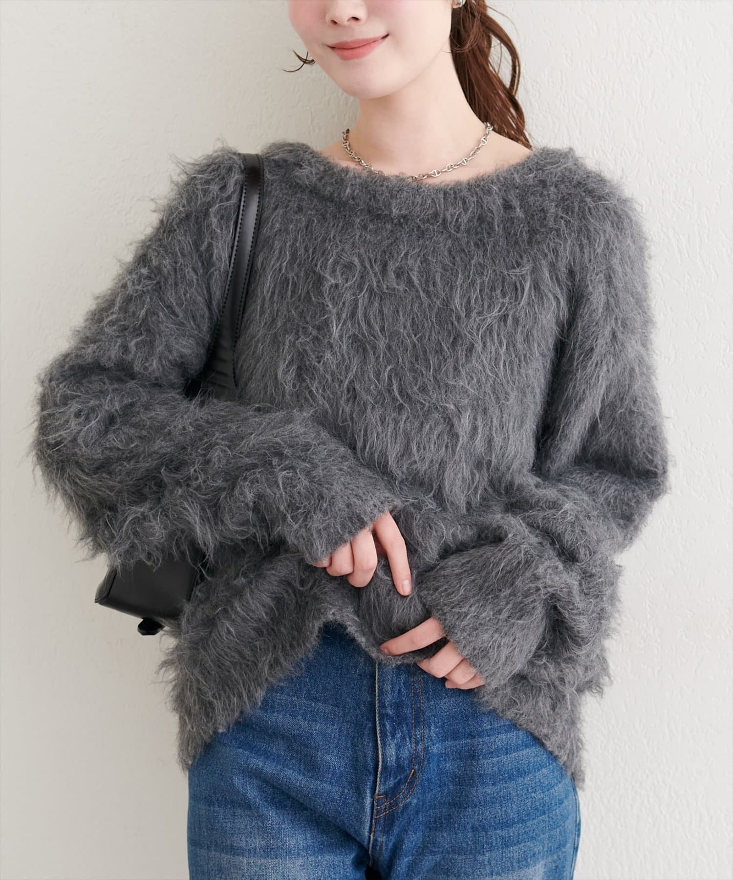 natural couture(ナチュラルクチュール) ロングフェザークルーネックニットプルオーバー