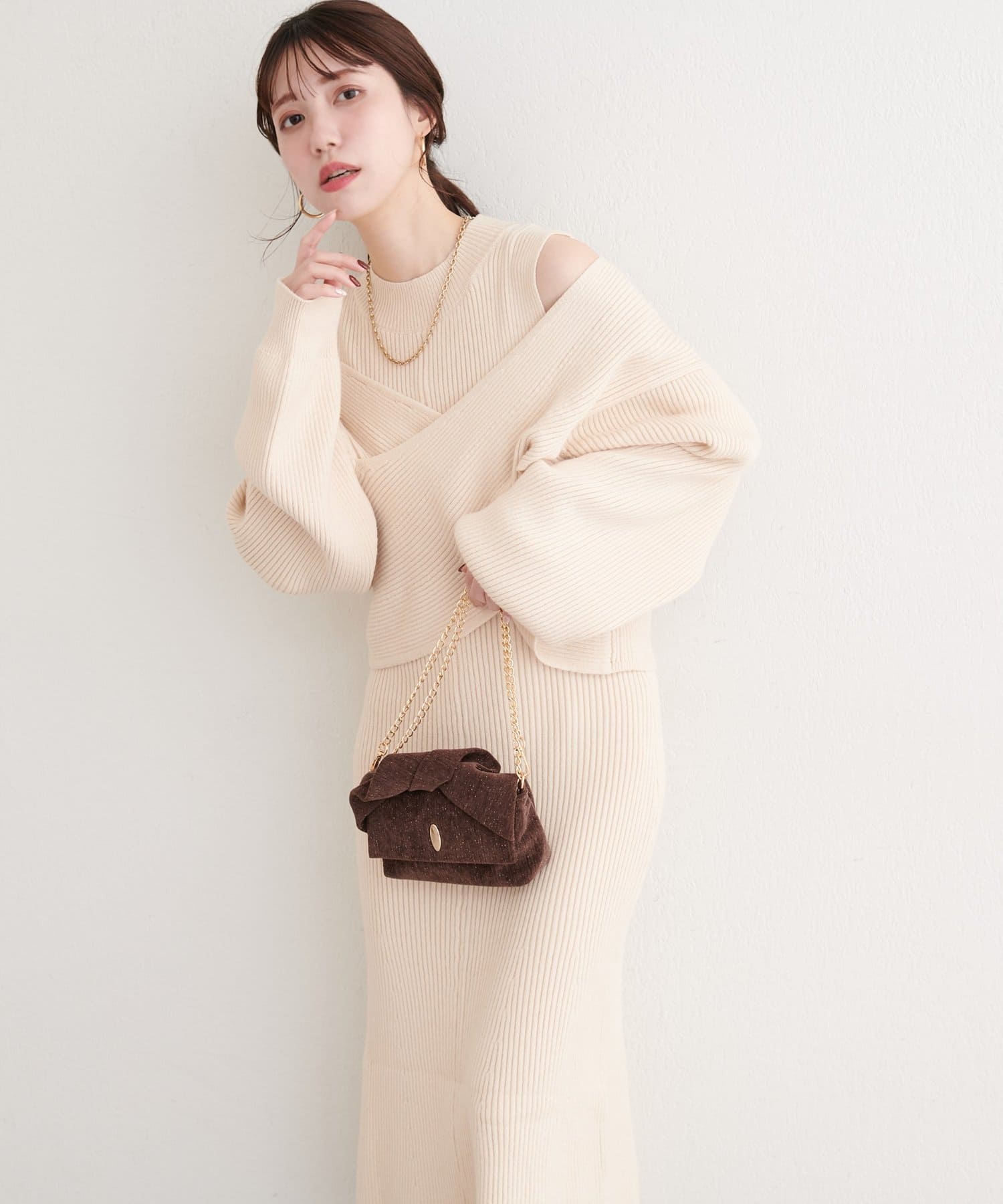 natural couture(ナチュラルクチュール) 前後２WAYクロスリボンニット×ワンピースSET