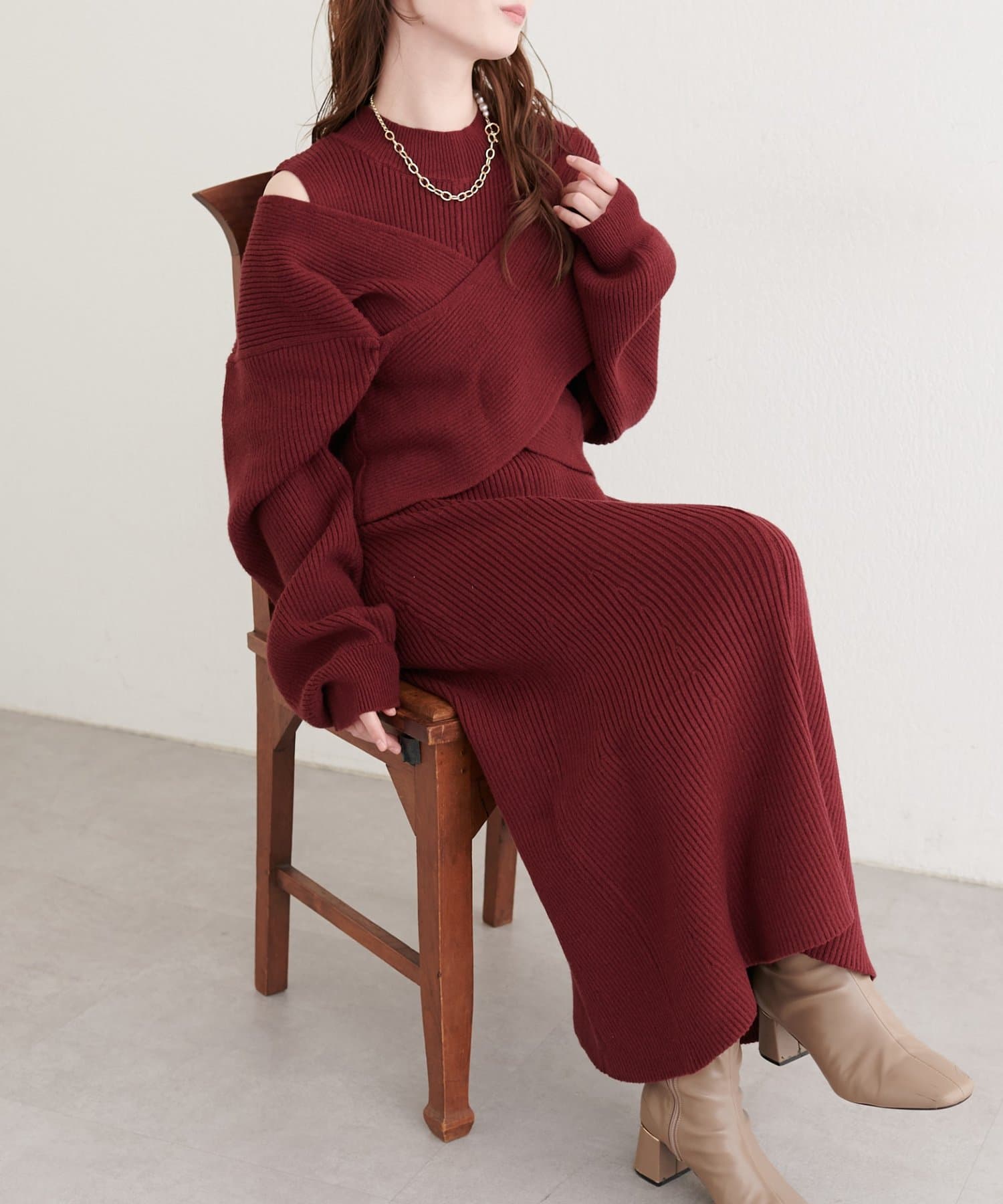 natural couture(ナチュラルクチュール) 前後２WAYクロスリボンニット×ワンピースSET