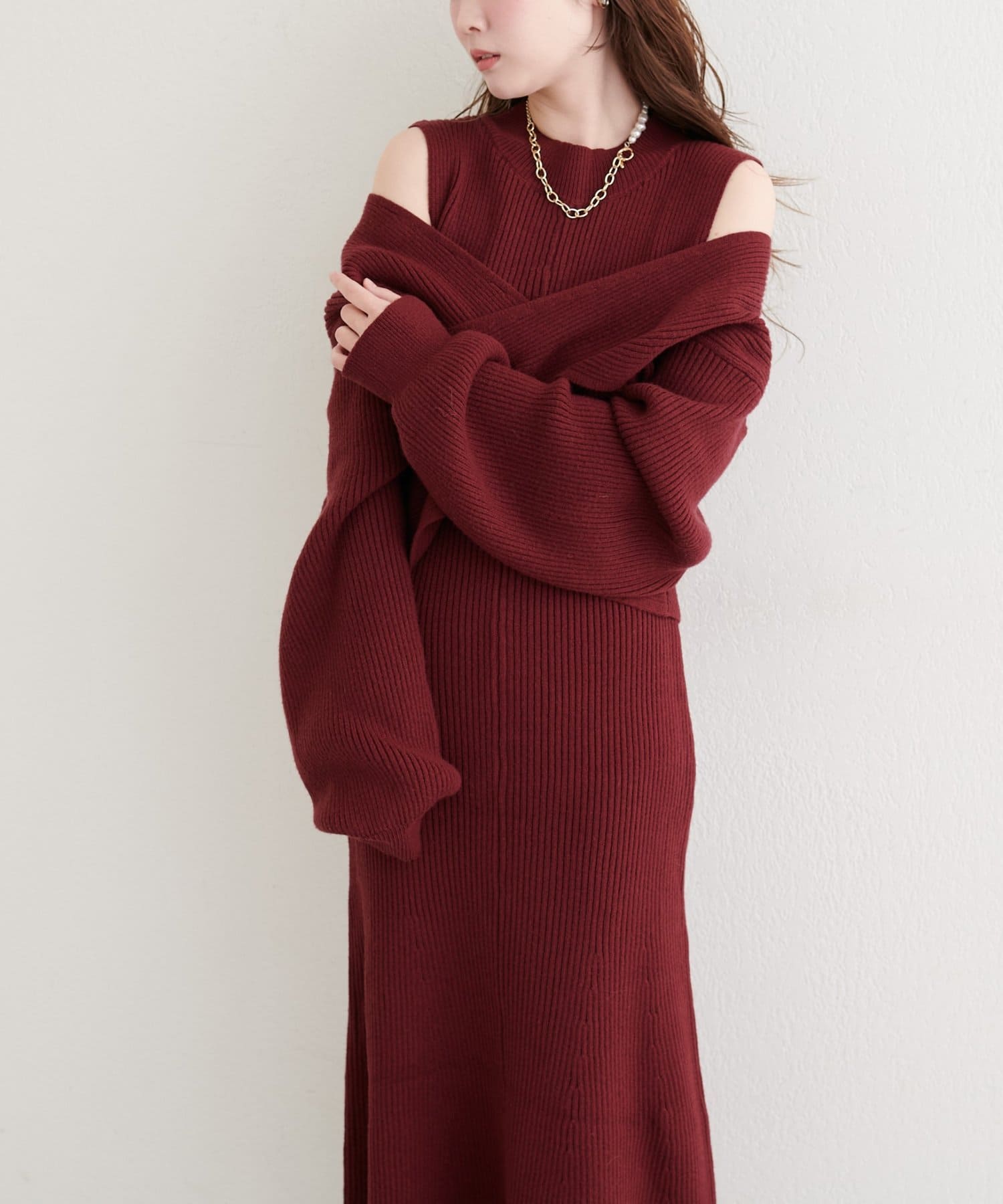 natural couture(ナチュラルクチュール) 前後２WAYクロスリボンニット×ワンピースSET