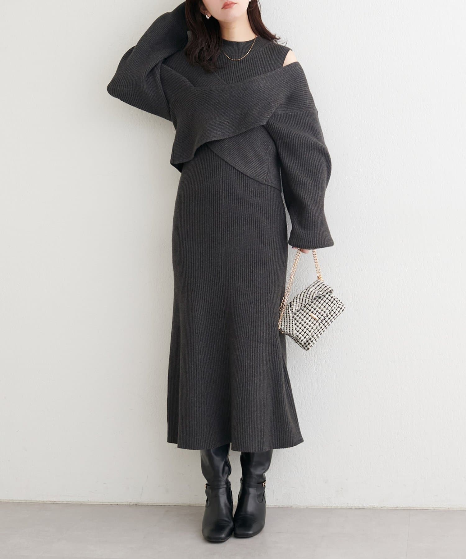 natural couture(ナチュラルクチュール) 前後２WAYクロスリボンニット×ワンピースSET