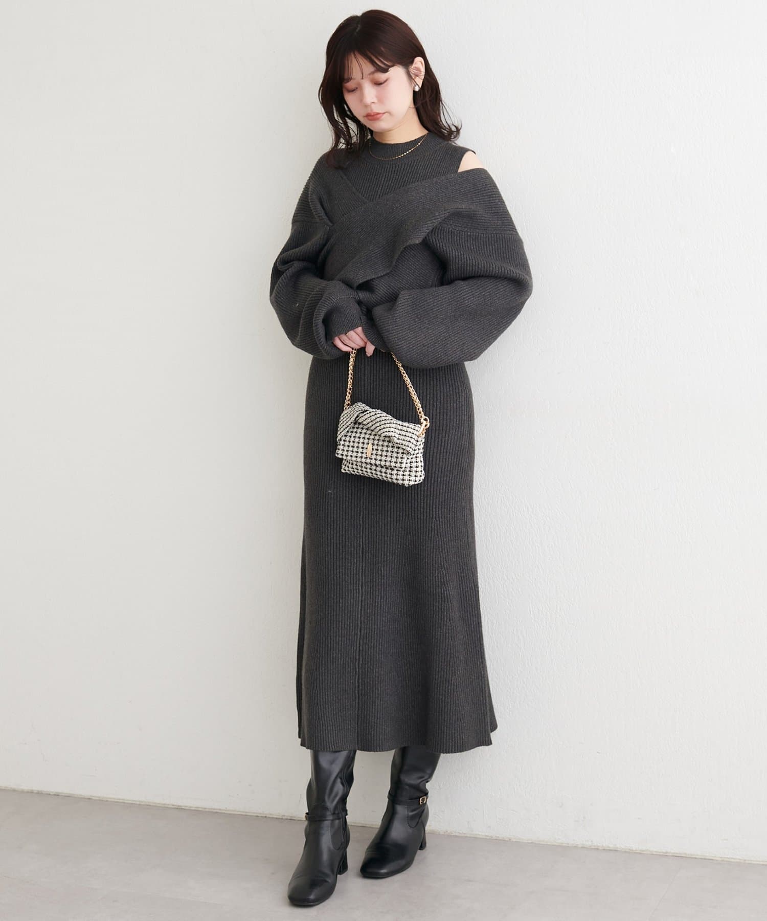 natural couture(ナチュラルクチュール) 前後２WAYクロスリボンニット×ワンピースSET