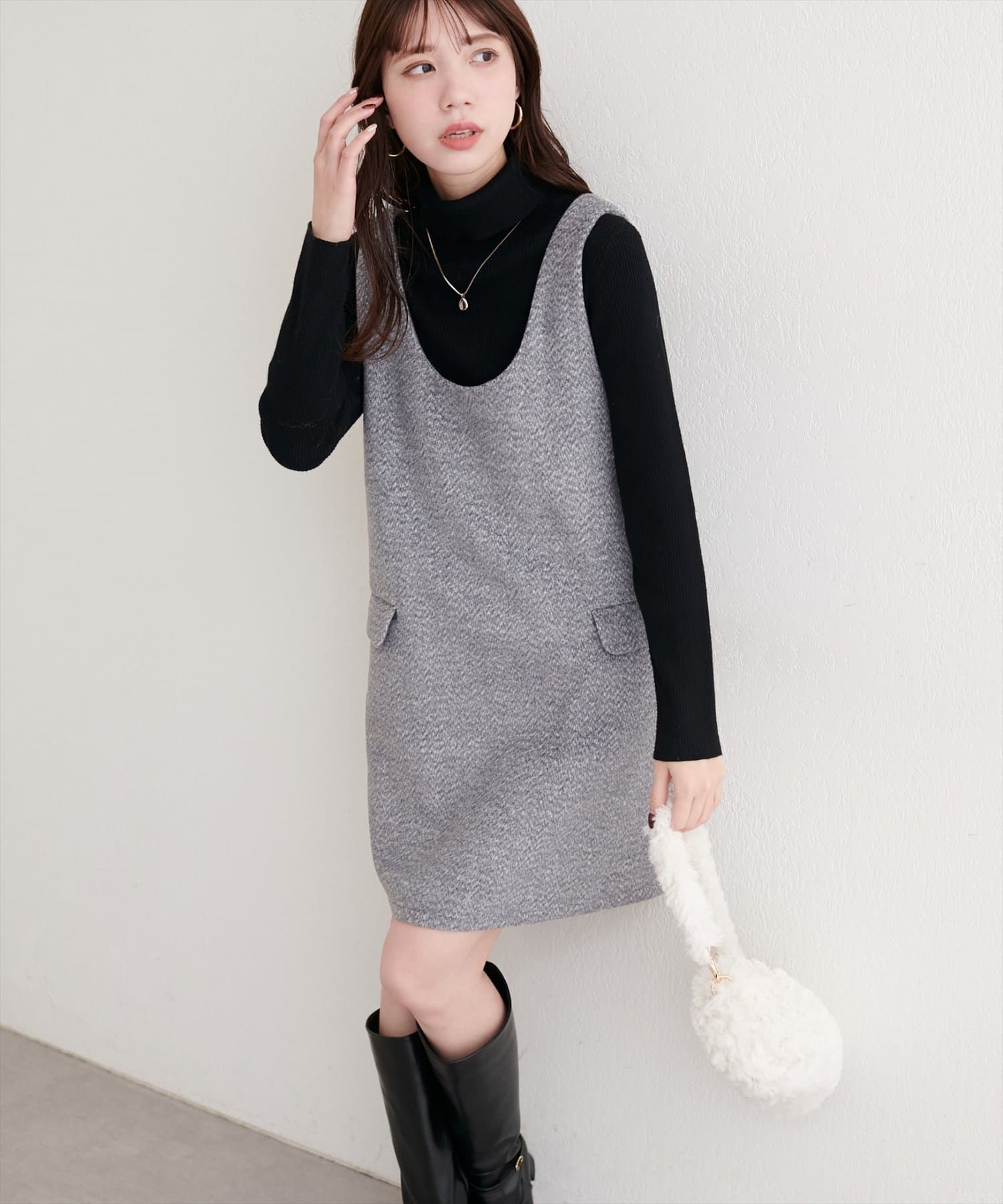 natural couture(ナチュラルクチュール) 【WEB限定】杢調フェイクウールミニジャンスカ