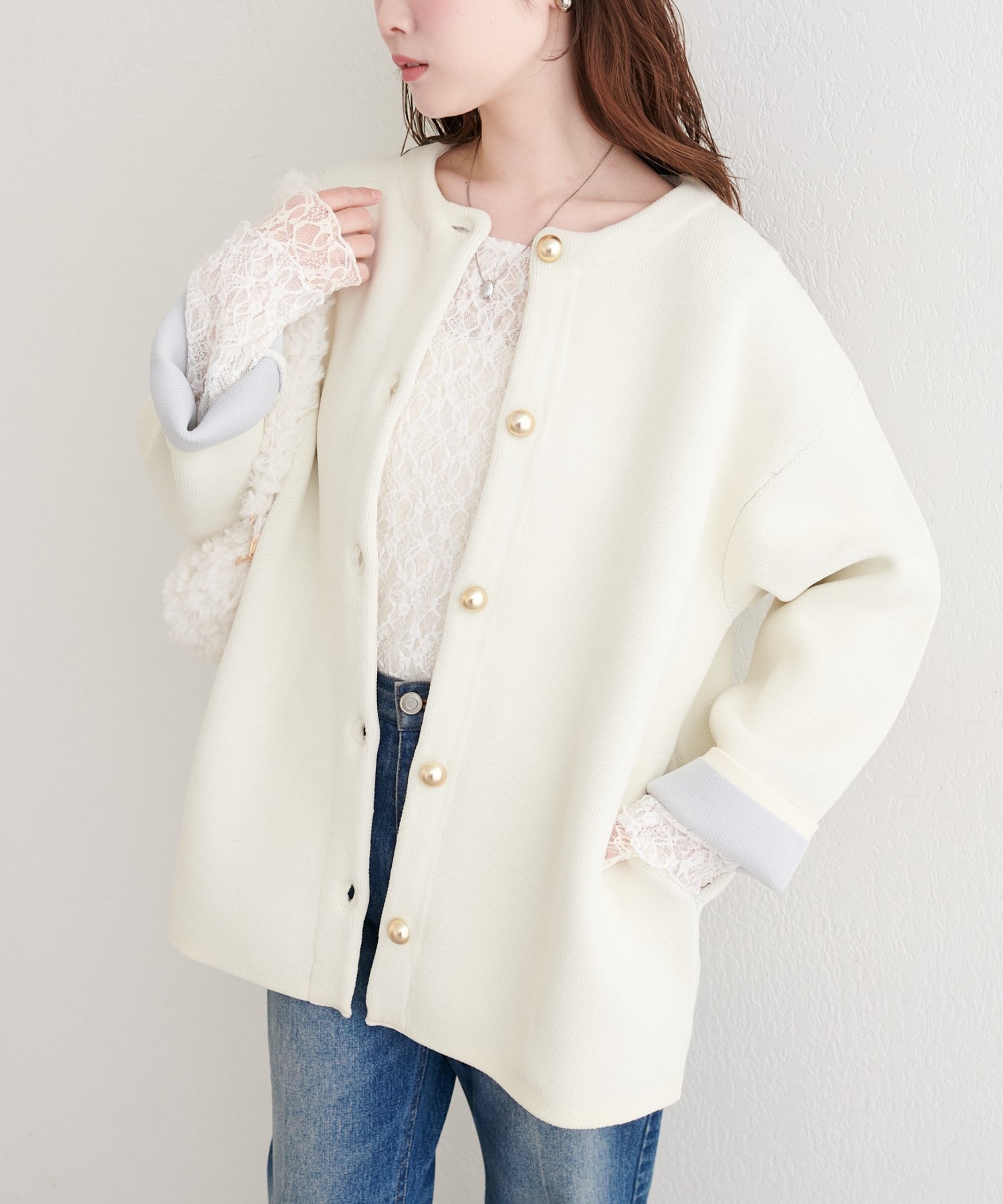 natural couture(ナチュラルクチュール) 【WEB限定】配色プレーティングポリニットカーデ